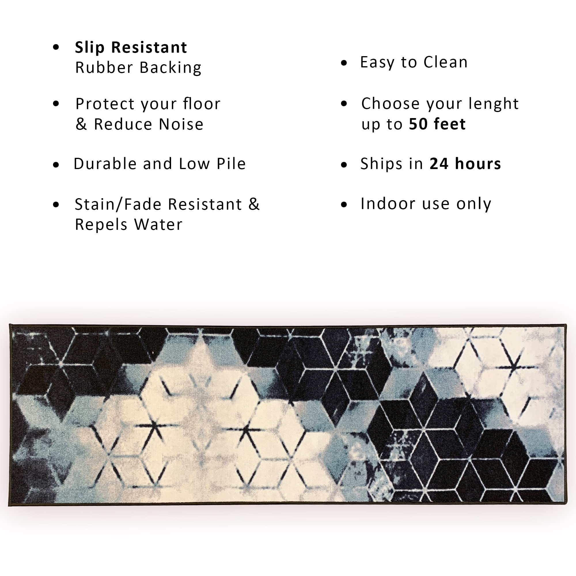 Custom Size Abstract Blue Cubes Design Non-Slip Rubber Backed Runner Rug - 31 Inch Wide x Your Length (31in x 36ft) - Perfect for Hallways, Stairs, Entryways & High-Traffic Areas