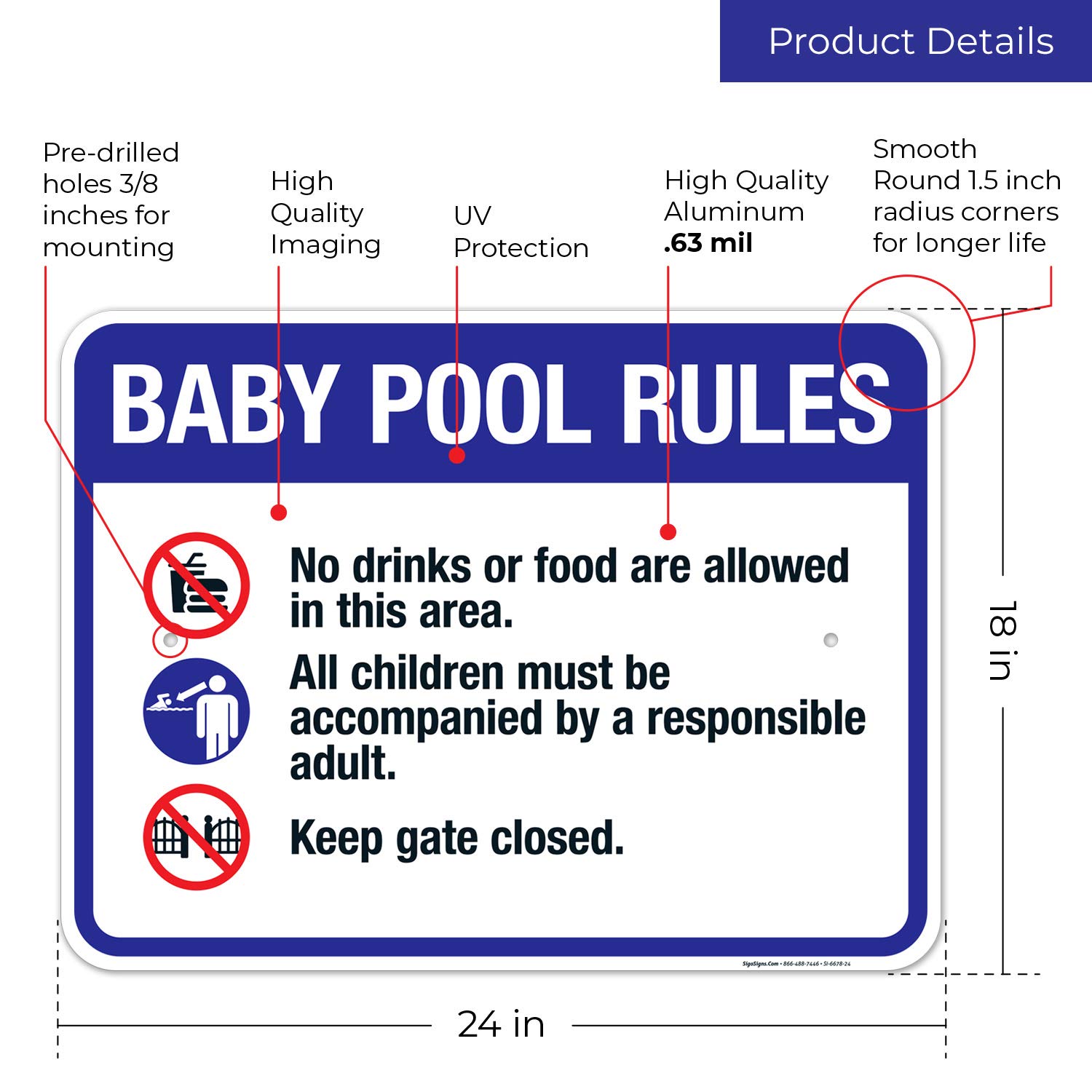 Baby Pool Rules Sign - 18x24 Inches Rust-Free Aluminum Pool Sign - Fade Resistant Indoor/Outdoor Safety Sign for Backyard, Community Pools & Swim Schools - Made in USA