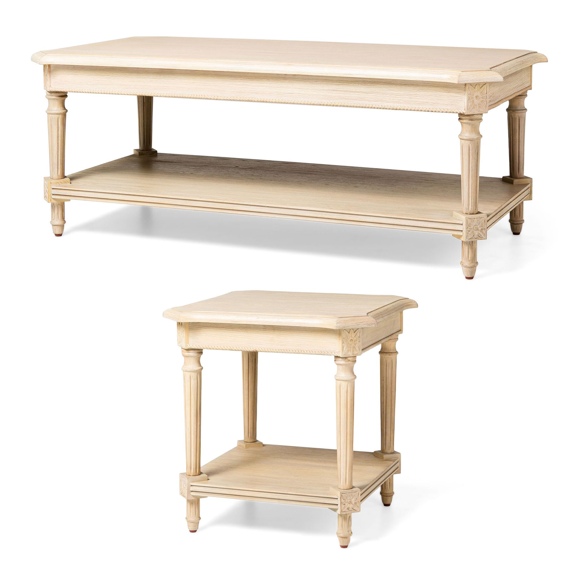 Rustic Antiqued White Wooden Coffee Table Set - Pullman Traditional Rectangular Center Table & Square Side Table with Storage | Perfect for Living Room, Lounge & Home Decor