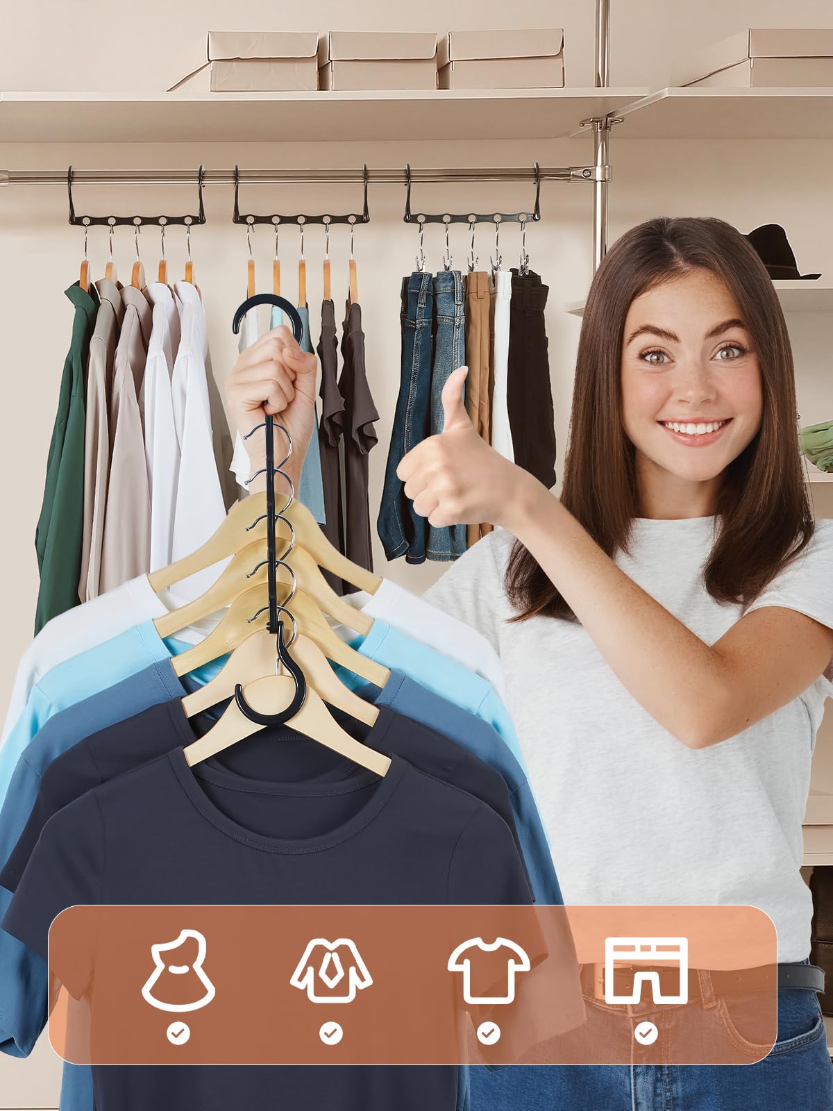 HOUSE DAY Closet Organizers - Space Saving Magic Hangers (8 Pack Black) - Heavy Duty Plastic Clothes Hangers with 5 Holes for Dorm Room, Apartment & Home Organization - Perfect for Sweaters, Coats & Bulk Clothing Storage