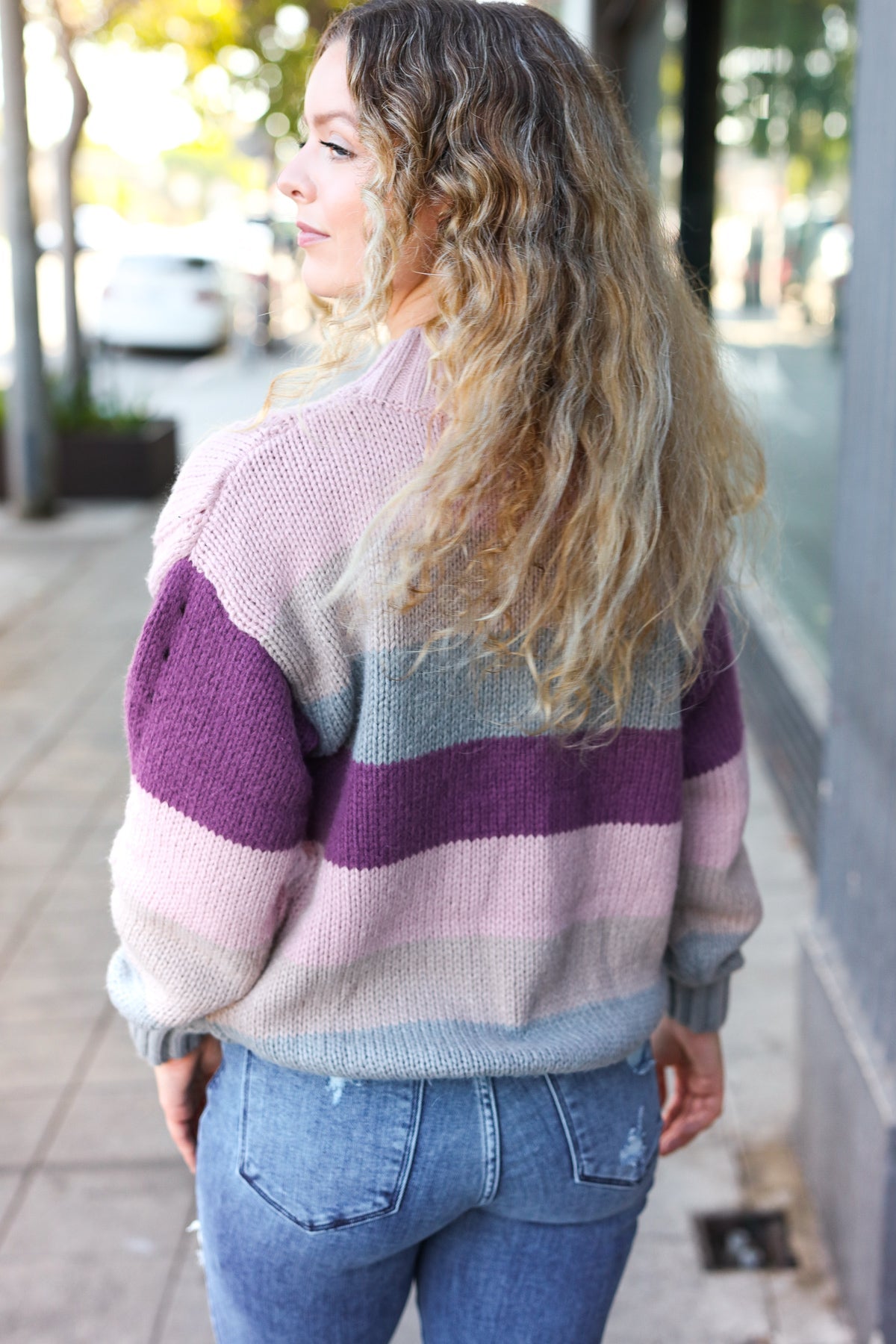 Fall For You Mauve Multicolor Stripe Cable Knit Mock Neck Sweater | Women's Cozy Winter Pullover | Perfect for Christmas, Holiday Parties & Casual Outings
