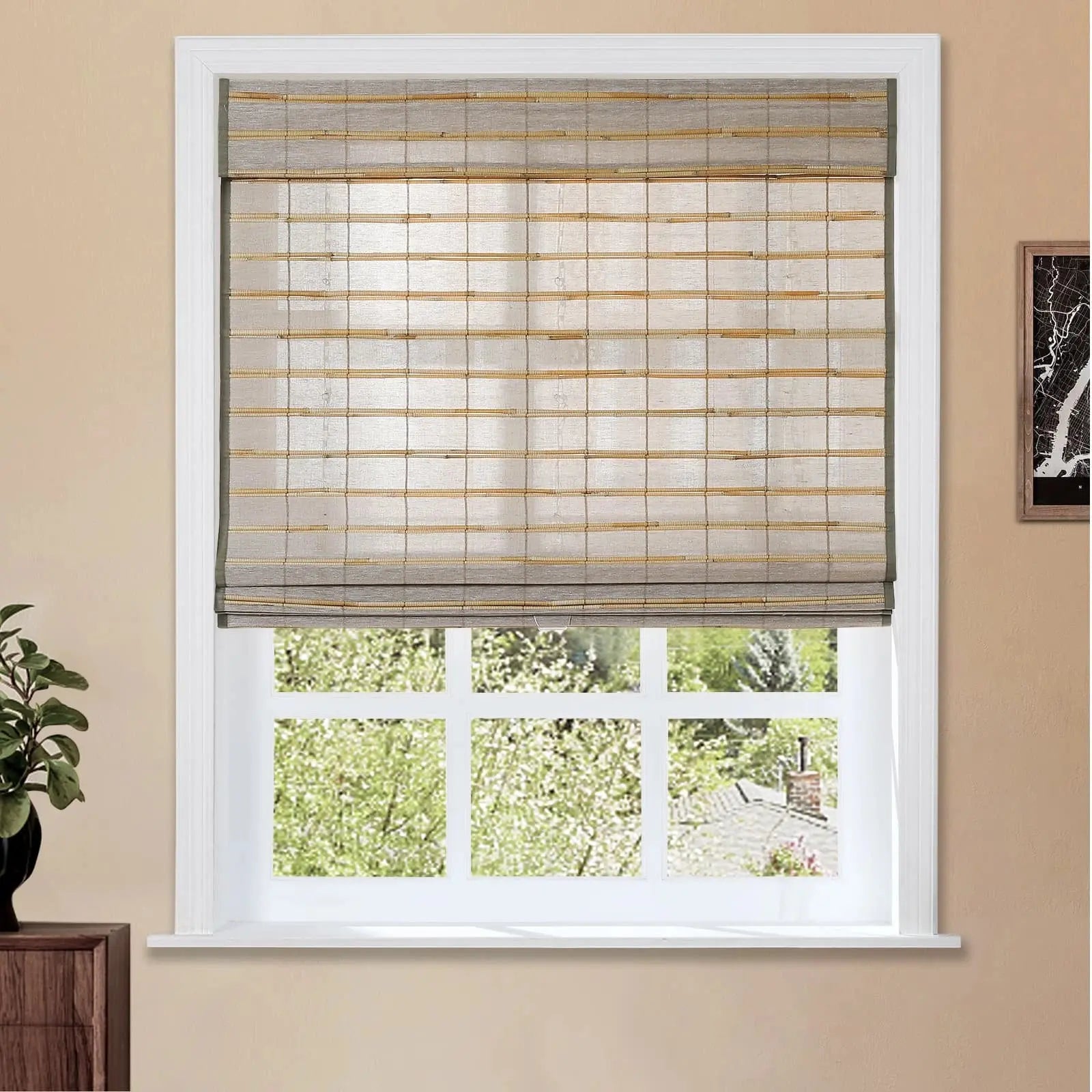 Natural Flax Bamboo Woven Window Shade - Sandbar Color | Eco-Friendly Light Filtering Roman Shade for Living Room, Bedroom & Home Decor
