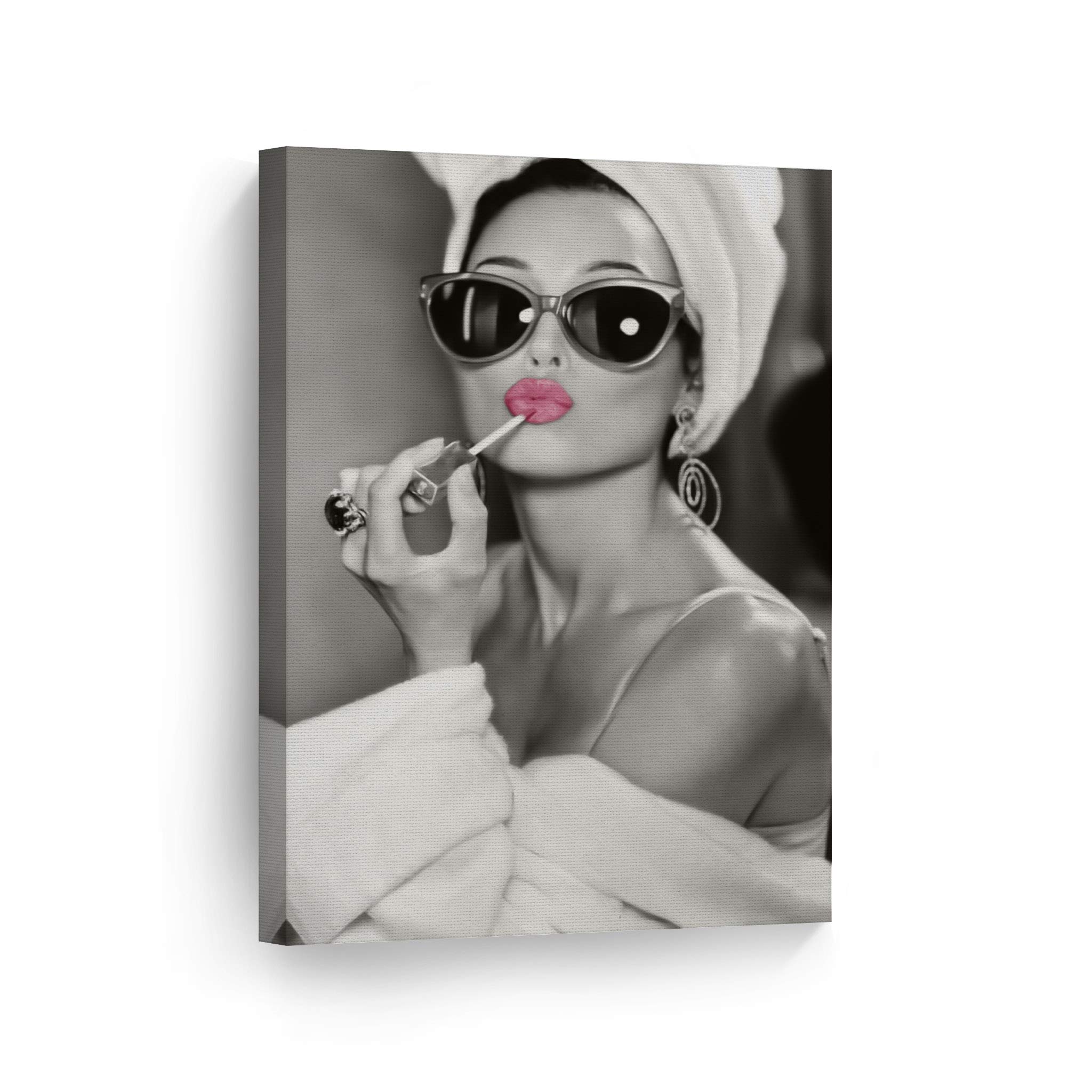 Audrey Hepburn Canvas Print - Pink Lipstick Pop Art Wall Decor (40x30 Inch) | Vintage Black & White Wall Art for Living Room & Bedroom | Ready to Hang, Made in USA | Perfect for Hollywood Glamour & Retro Home Decor