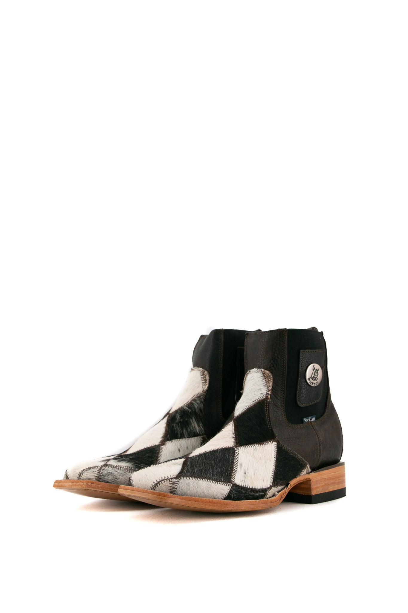 Men's Genuine Cowhide Patchwork Square Toe Ankle Boots - Size 7 (Box HM19) - Western Style, Casual & Work Boots for Everyday Wear, Outdoor Activities and Country Events