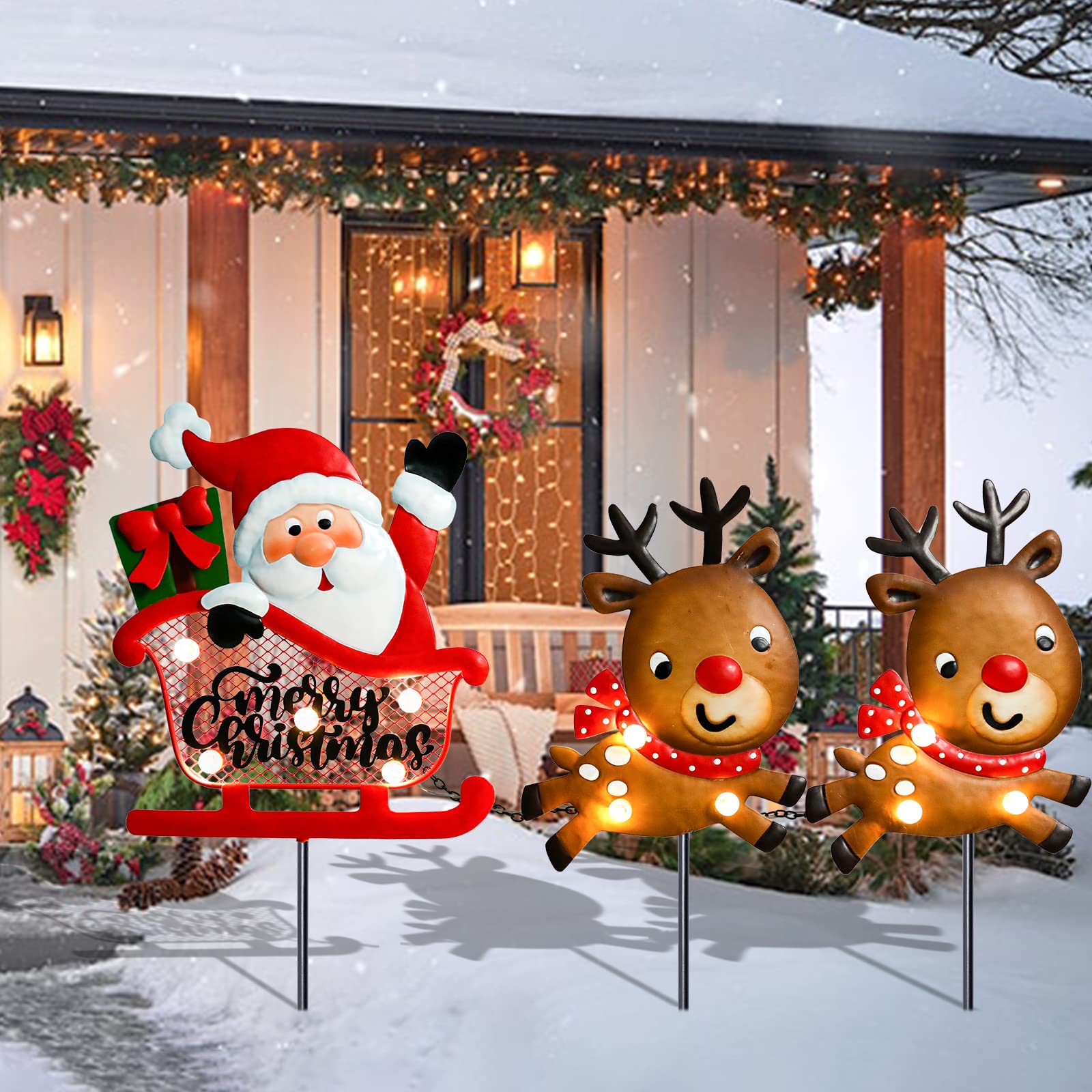 LED Santa Claus & Reindeers Sleigh Christmas Yard Stakes - Outdoor Lighted Metal Decorations for Garden, Lawn & Pathway | Perfect for Holiday Festivities, Front Yard Displays & Seasonal Celebrations