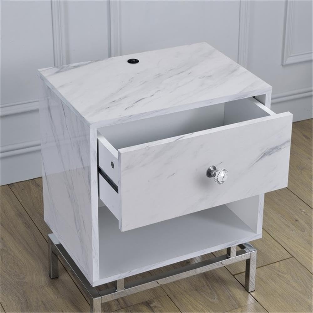BOWERY HILL Modern White Marble Top Wooden Nightstand - Contemporary 1-Drawer Bedside Table for Living Room, Bedroom & Office