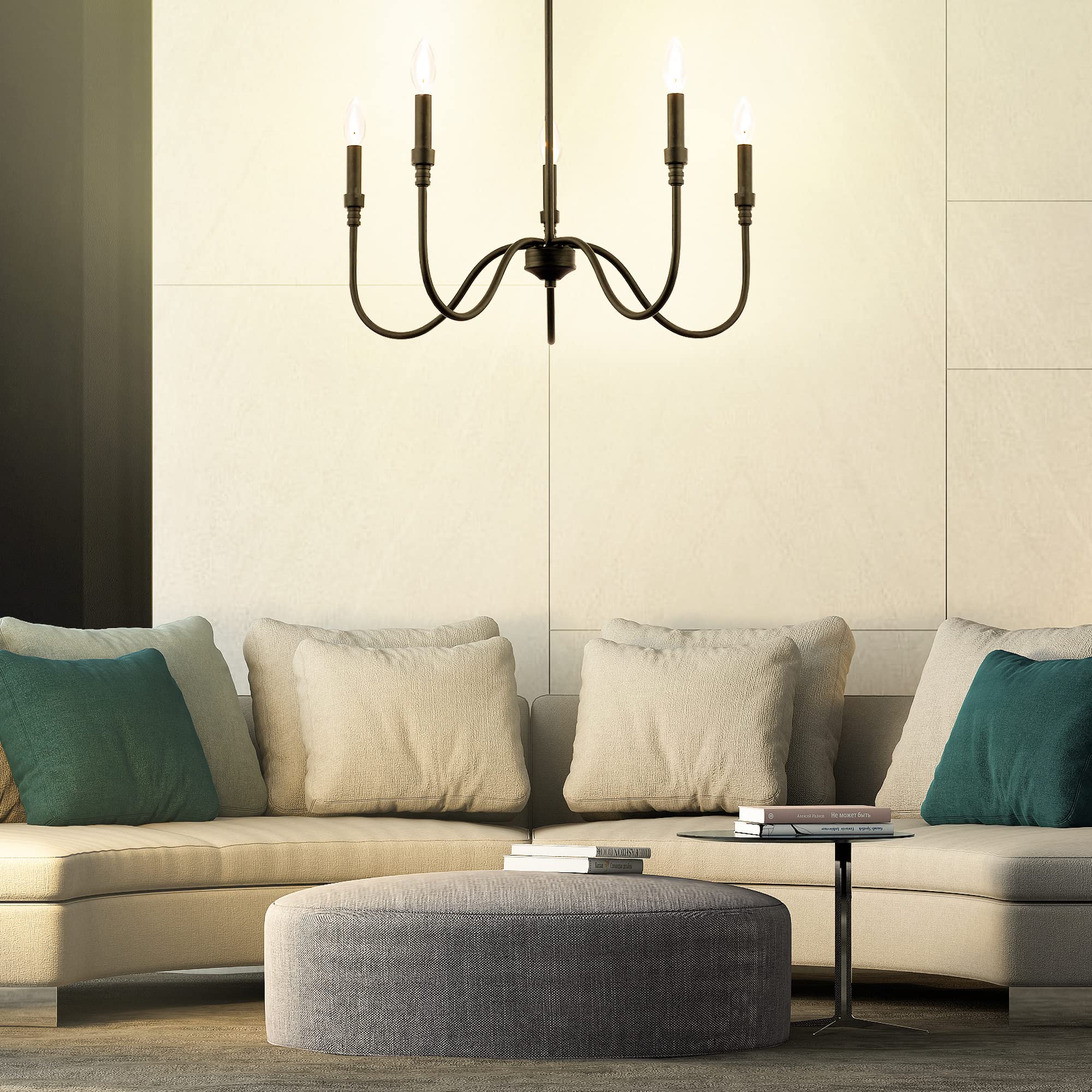 5-Light Farmhouse Chandelier - Linear Pendant Light Fixture for Kitchen Island, Dining Room & Living Room - Matte Black Finish - Perfect for Rustic, Modern & Industrial Home Decor