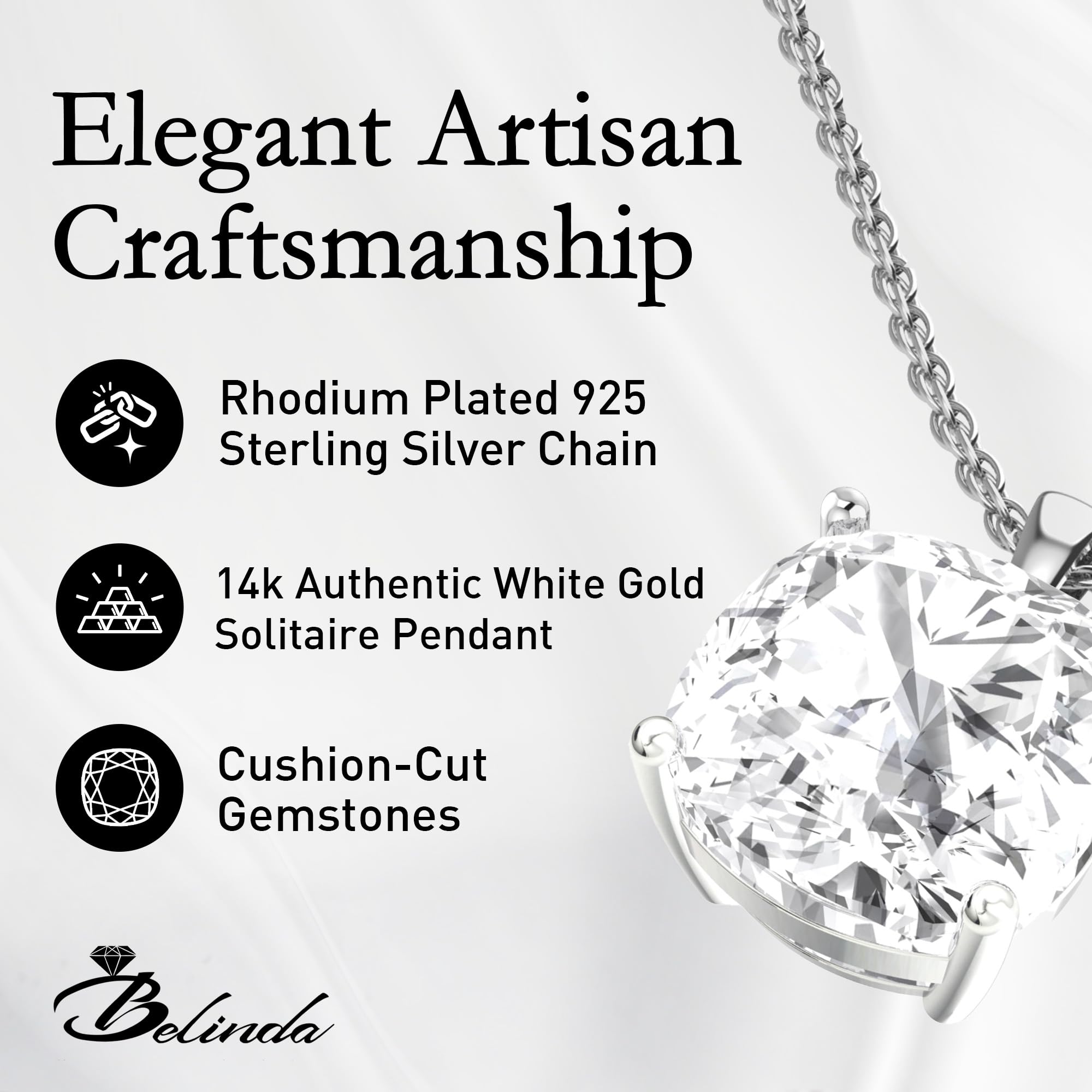 14K White & Yellow Gold Birthstone Pendant Necklace for Women - Sparkling Cushion Cut Gemstone on Sterling Silver Chain - Elegant Fine Jewelry Gift for Birthday, Anniversary & Special Occasions