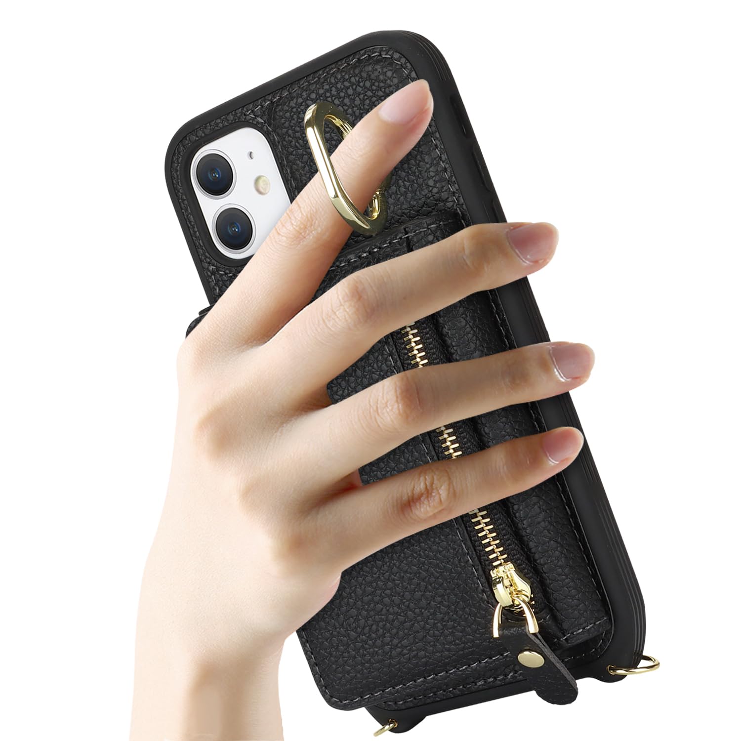 Premium Leather iPhone 11 Case with Card Holder & Crossbody Strap - Wallet Phone Case with Zipper Pocket, Stand Ring & Lanyard for Women (Black) | Perfect for Travel, Shopping & Everyday Protection