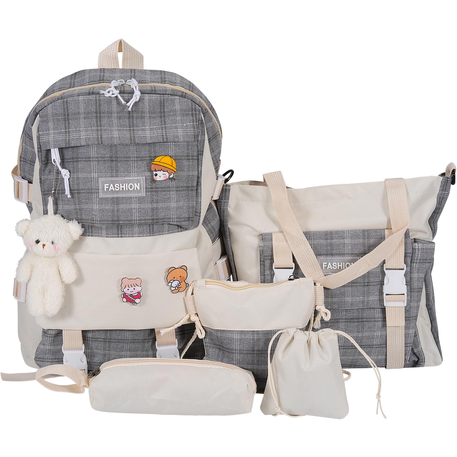5Pcs Cute Kawaii Bear Plaid Canvas Backpack Set with Pendant & Pins - Stylish School Bags for Girls Teens, Perfect for School, Travel & Daily Use