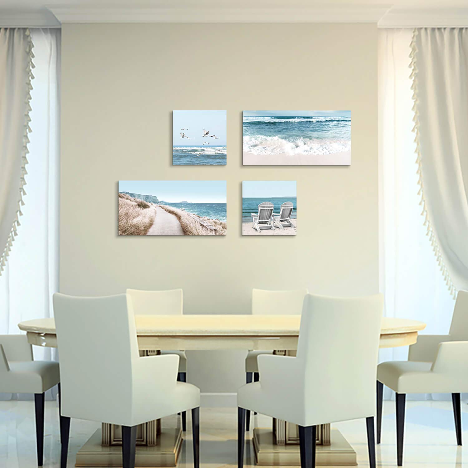 Coastal Beach Wall Art - 32''x16'' & 16''x16'' Canvas Prints of Chairs & Seagulls - Ocean Themed Painting for Living Room Decor | Perfect for Beach House, Vacation Rental & Coastal Style Homes