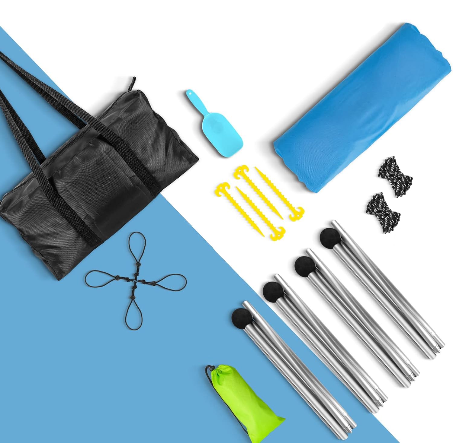 UPF50+ Beach Tent Sun Shelter with Sand Shovel & Grass Pegs - Portable Sunshade for Family Beach Days, Camping, and Outdoor Adventures