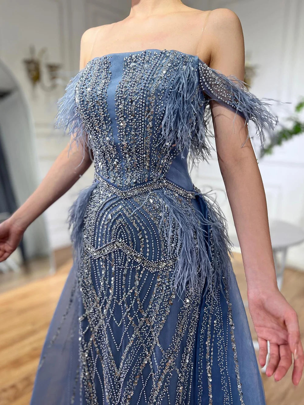 Luxury Dubai Blue Mermaid Gown with Feathers & Beads - Saudi Arabian Evening Dress with Overlay Skirt for Formal Events, Weddings, Galas & Red Carpet Occasions LA72727