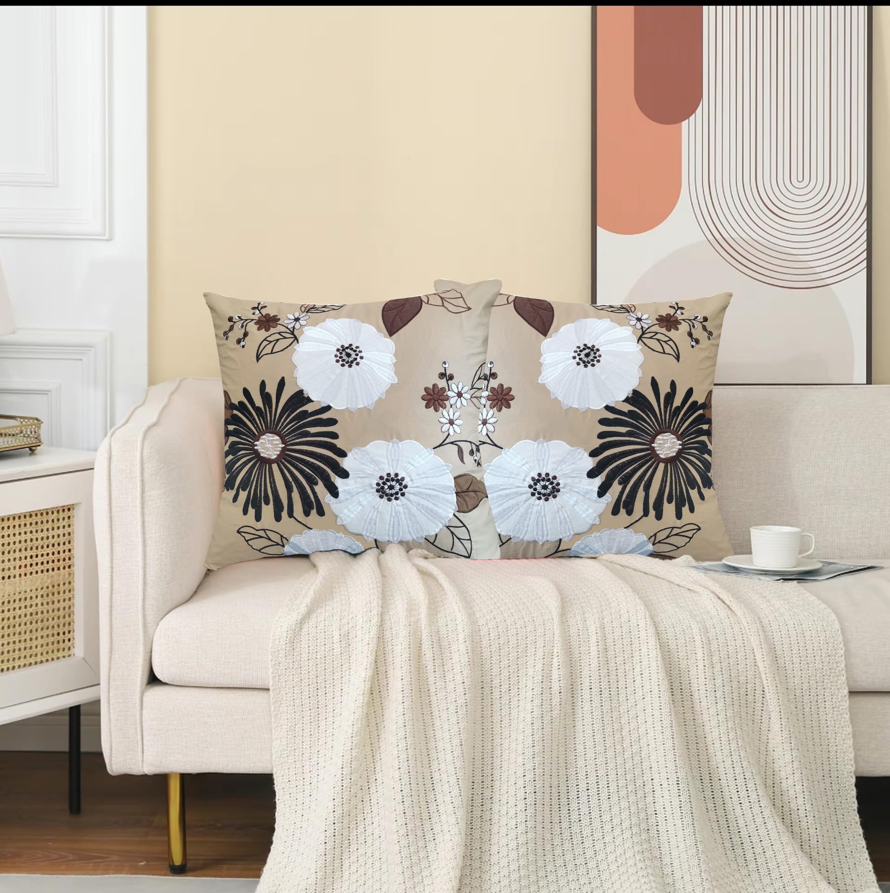 European Floral Appliquéd Embroidery Cotton Satin Cushion Cover 18x18 Inch - French Country Farmhouse Decorative Throw Pillow Case in Black/White/Brown Blooming Flower Design for Living Room Sofa, Bedroom Decor, Fall and Festive Home Accents