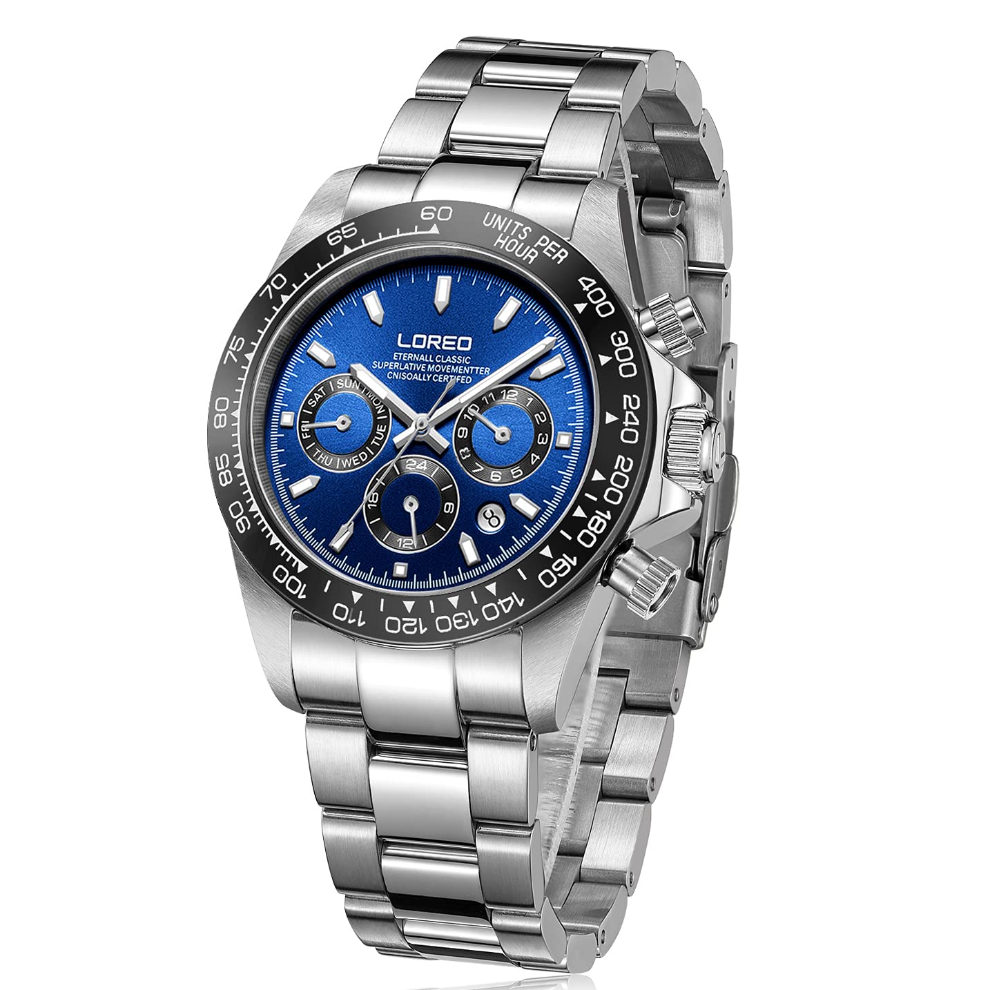 LOREO Men's Automatic Watch - Silver Stainless Steel, Sapphire Glass, Ceramic Bezel with Date Display - Military Diving Waterproof Watch (100M) for Outdoor Sports, Swimming & Everyday Wear