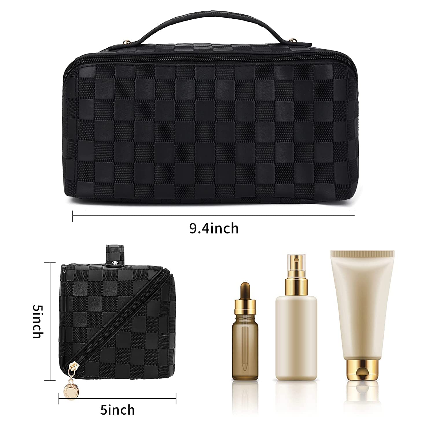 Large Capacity Checkered Leather Makeup Bag for Women - Travel Cosmetic Organizer, Portable Toiletry Bag with Flat Lay Design (Black Checkered Pattern) | Perfect for Air Travel, Gym, Weekend Getaways & Everyday Essentials Storage