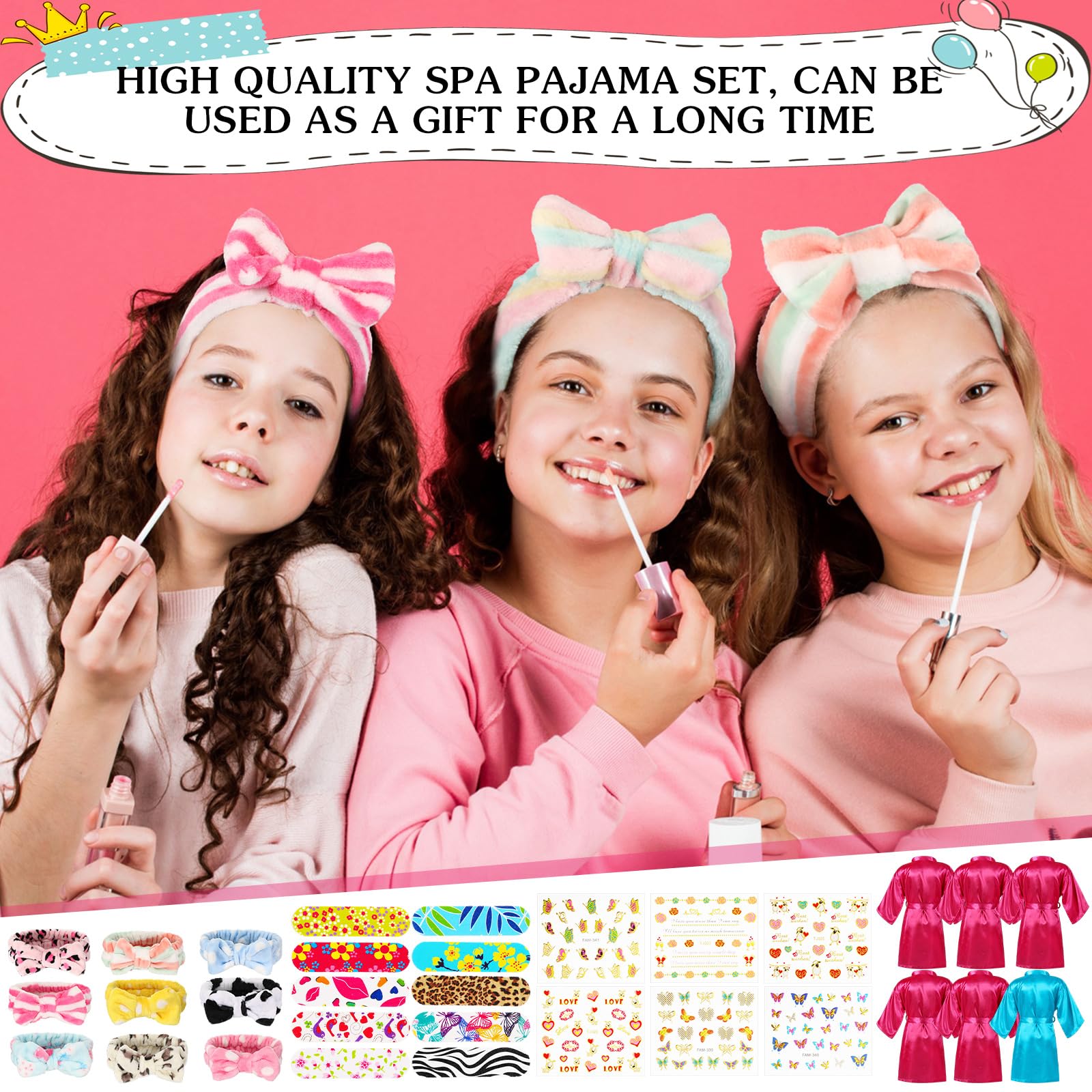 Suhine 6-Piece Girls Spa Birthday Party Kit - Satin Robe, Tote Bags & Nail Salon Accessories (Blue, Rose Red) | Perfect for Kids Birthday Parties, Spa Days & Sleepovers