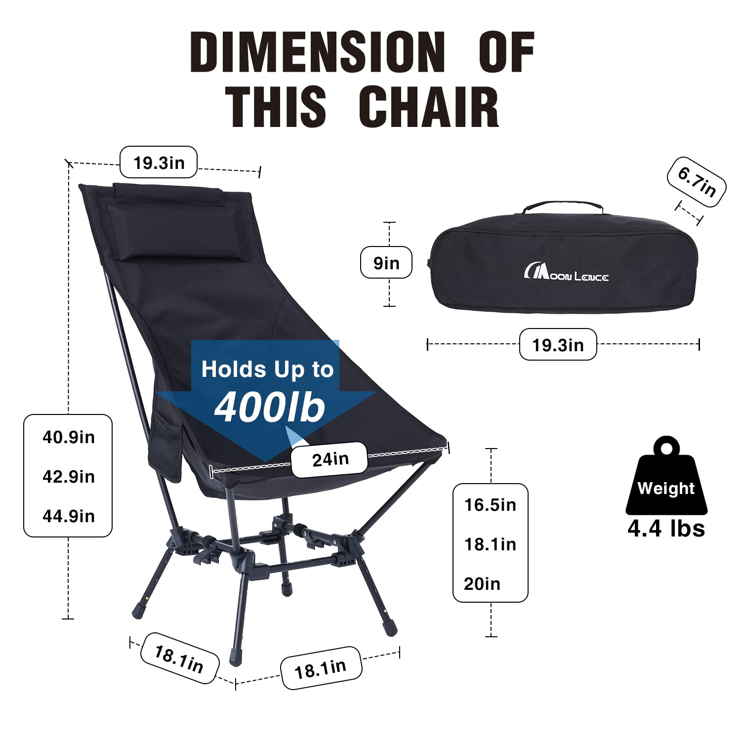 MOON LENCE Oversized Portable Folding Camping Chair for Adults - Adjustable High Back Beach Chair with Headrest, Heavy Duty Lawn Chair for Backpacking, Hiking, Fishing - Large Capacity & Durable - Perfect for Outdoor Adventures, Beach Trips, Picnics & Backyard Relaxation - Black
