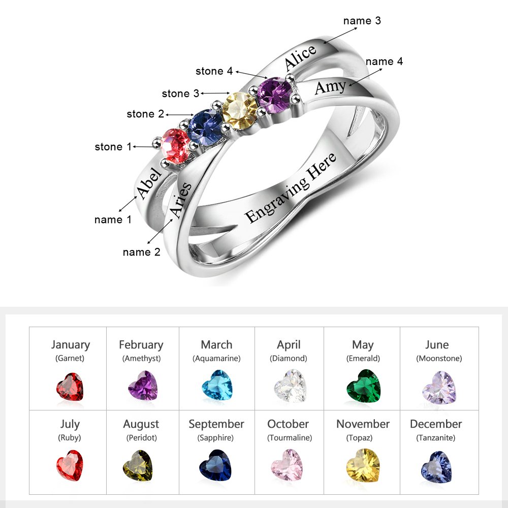 Personalized Sterling Silver Mother's Ring with Birthstones - Engraved Family Names for Anniversary & Mother's Day Gifts