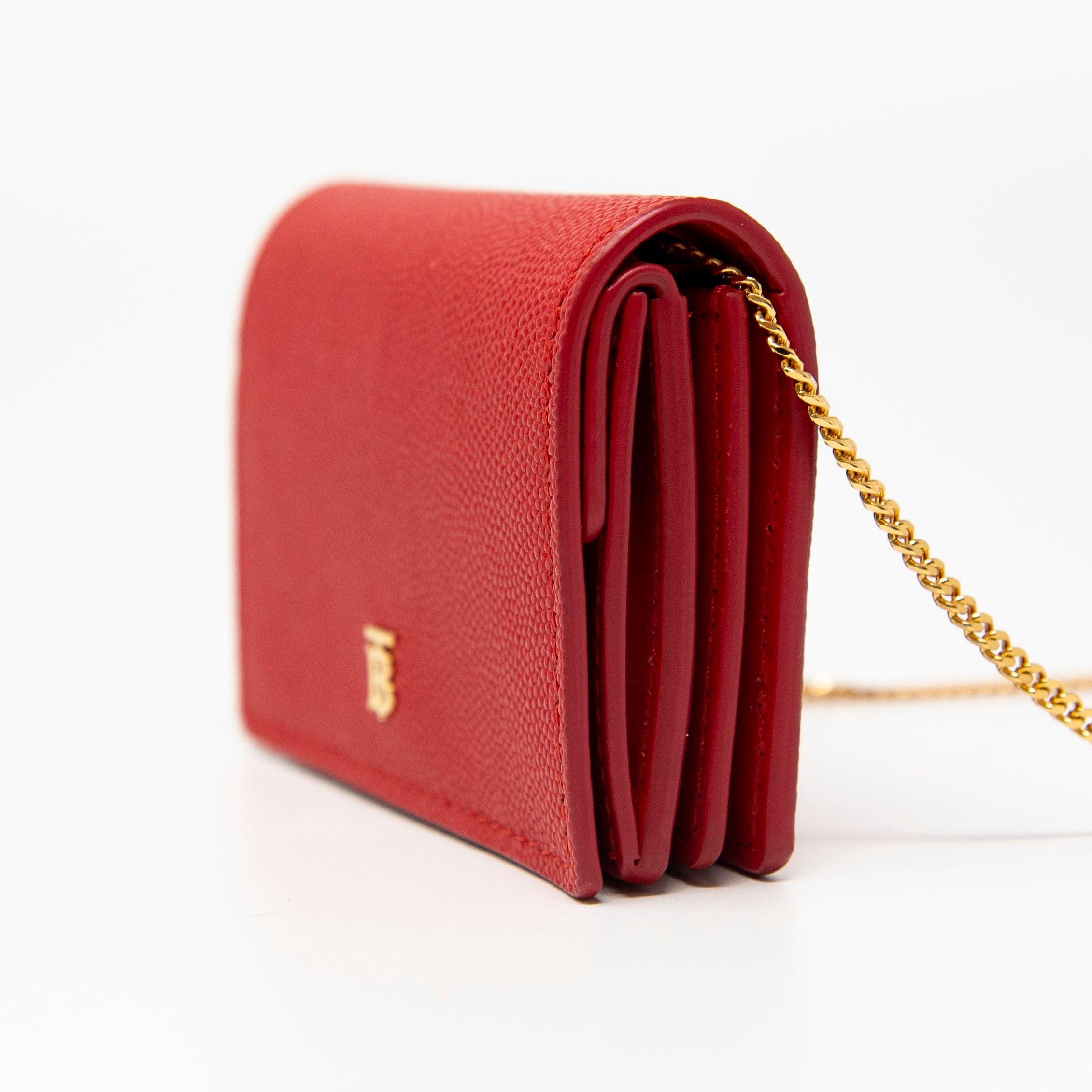 Burberry Red Leather Card Holder with Chain - Stylish & Compact Wallet for Women - Perfect for Parties, Travel & Everyday Use