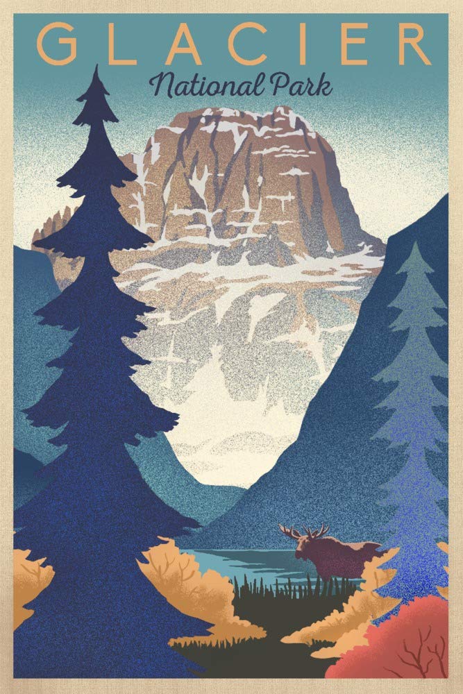 Glacier National Park Mountain Scene Lithograph - 16x24 Wrapped Canvas Wall Art for Living Room, Bedroom & Office Decor