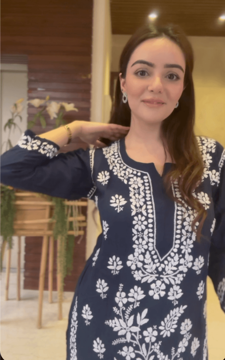 Premium Hand Embroidered Chikankari Kurta - Modal Cotton Blue Women's Tunic Top for Casual Wear, Festivals & Special Occasions