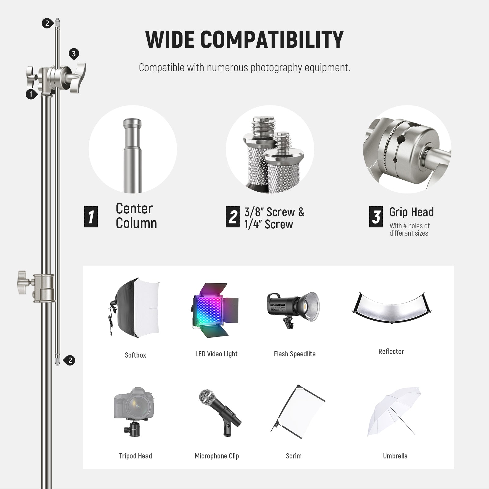 NEEWER SC320Q 320cm Heavy Duty Stainless Steel C Stand with Boom Arm for Photography, Video Lighting & Studio Equipment Support