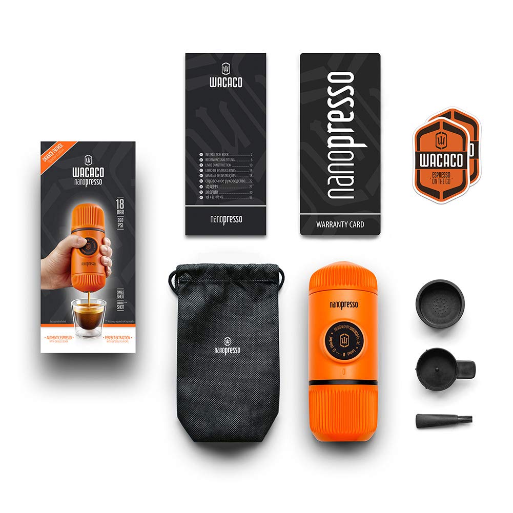 WACACO Nanopresso Portable Espresso Maker - 18 Bar Pressure Manual Coffee Machine for Travel, Camping, Office & Home Use | Compact & Lightweight | Orange Upgrade Version of Minipresso