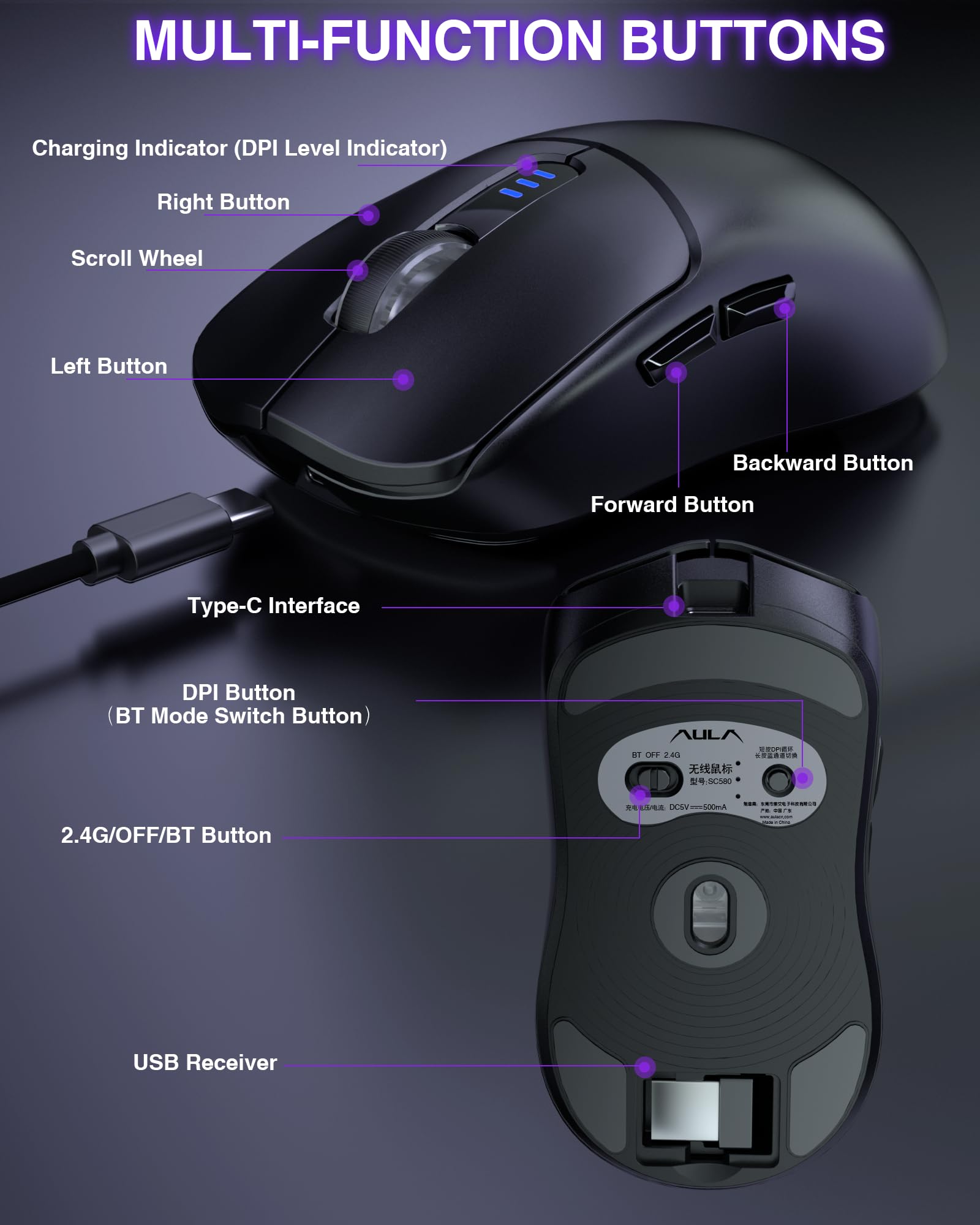 AULA SC580 Wireless Gaming Mouse - Tri-Mode 2.4G/BT5.0/USB-C, 12000 DPI Rechargeable, 6 Programmable Buttons, Ergonomic Design for PC, Laptop, Mac & Tablet | Perfect for FPS, MOBA Games & Office Work