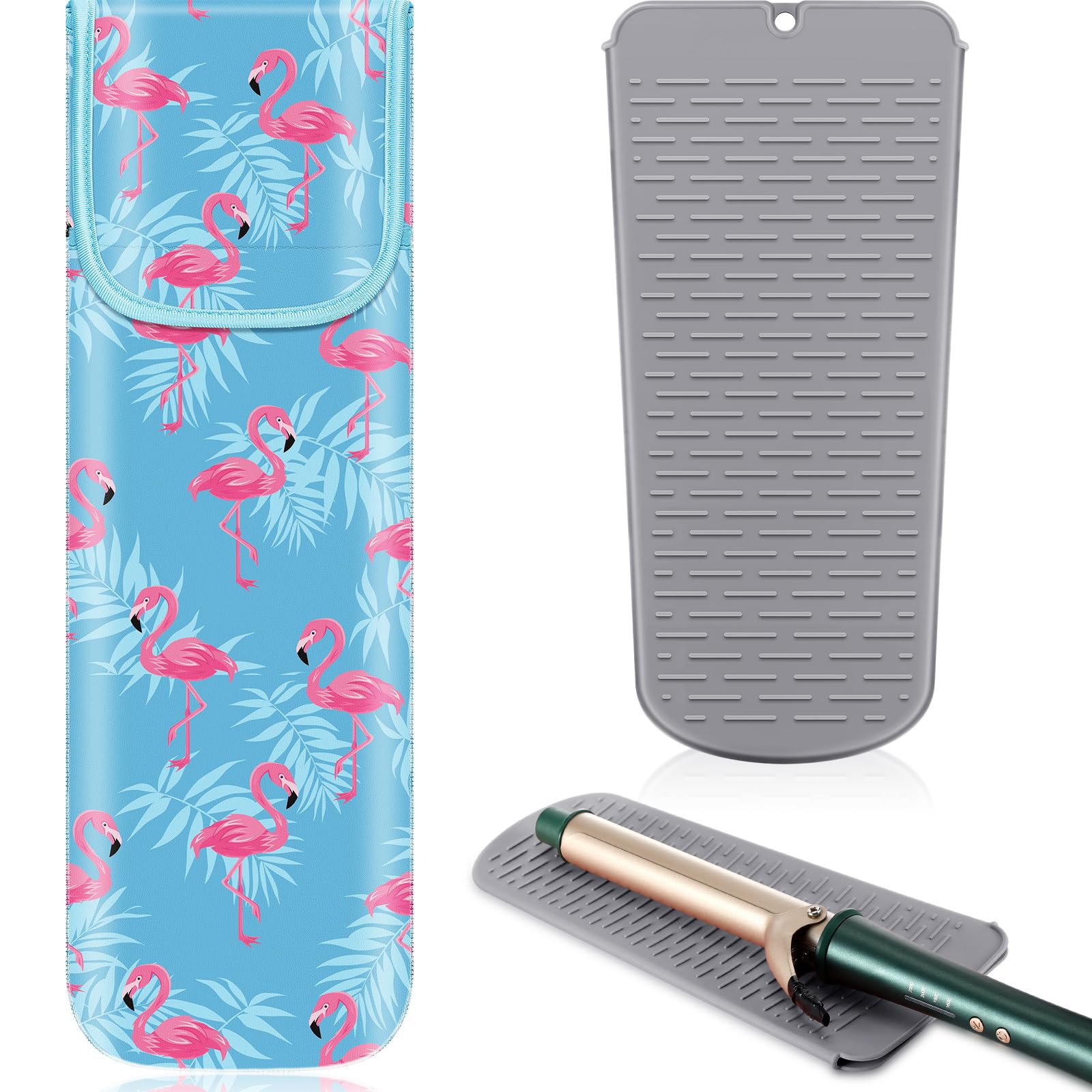 Shappy 2-Piece Heat Resistant Curling Iron Travel Case & Flat Iron Holder - Neoprene Straightener Sleeve & Silicone Hot Tools Bag (Flamingo Style) - Perfect for Travel, Salon & Home Hair Styling