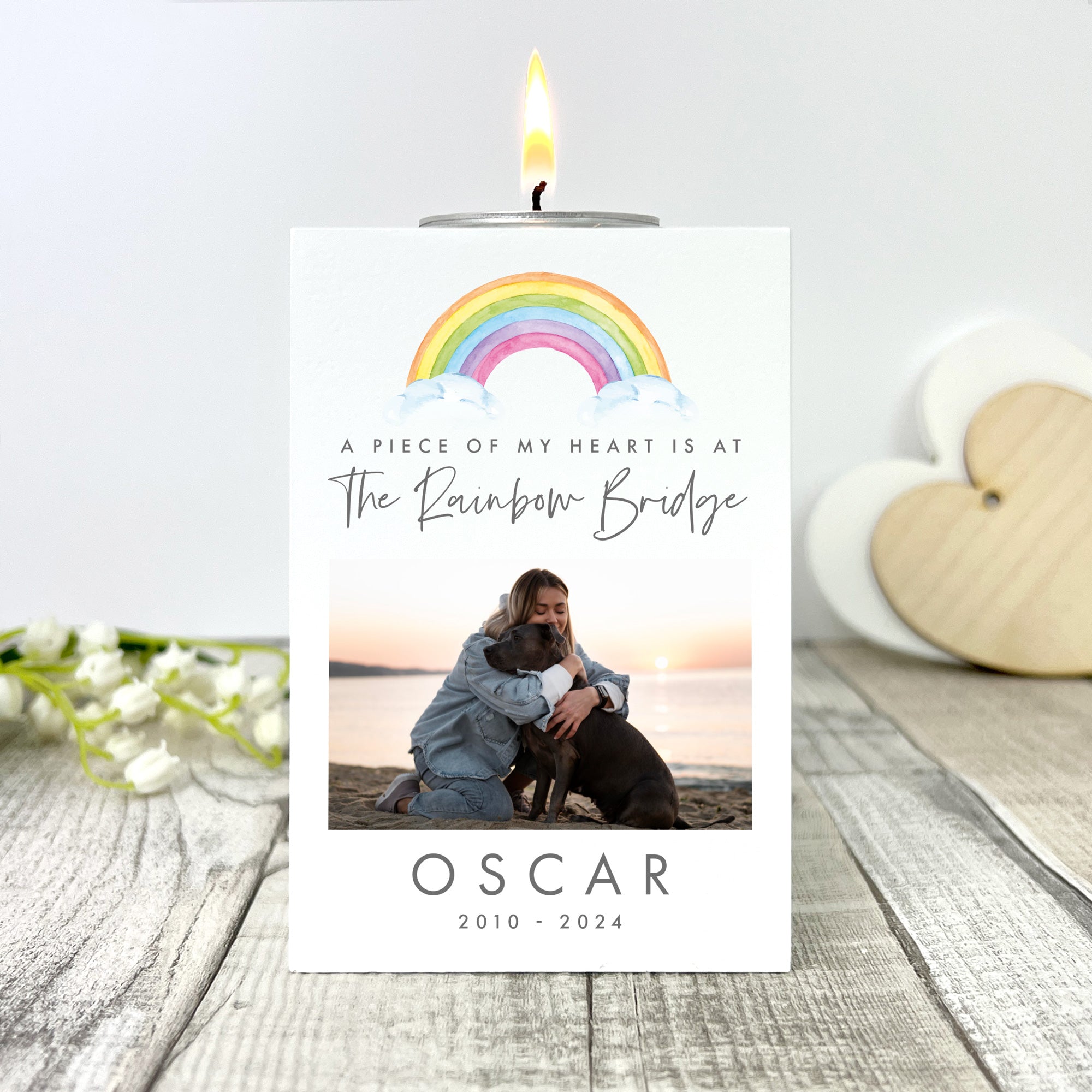 Personalized Watercolor Rainbow Pet Memorial Photo White Tea Light Holder - Perfect for Pet Loss Remembrance, Memorial Gifts, and Candlelight Tributes