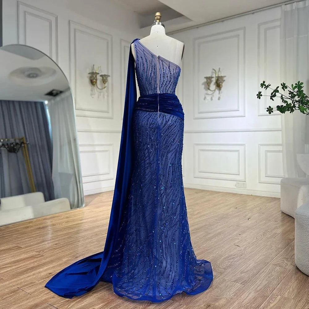 Serene Hill Blue Mermaid One Shoulder Elegant Cape Sleeve Beaded Luxury Evening Dress for Women - Perfect for Prom, Gala & Formal Parties 2025