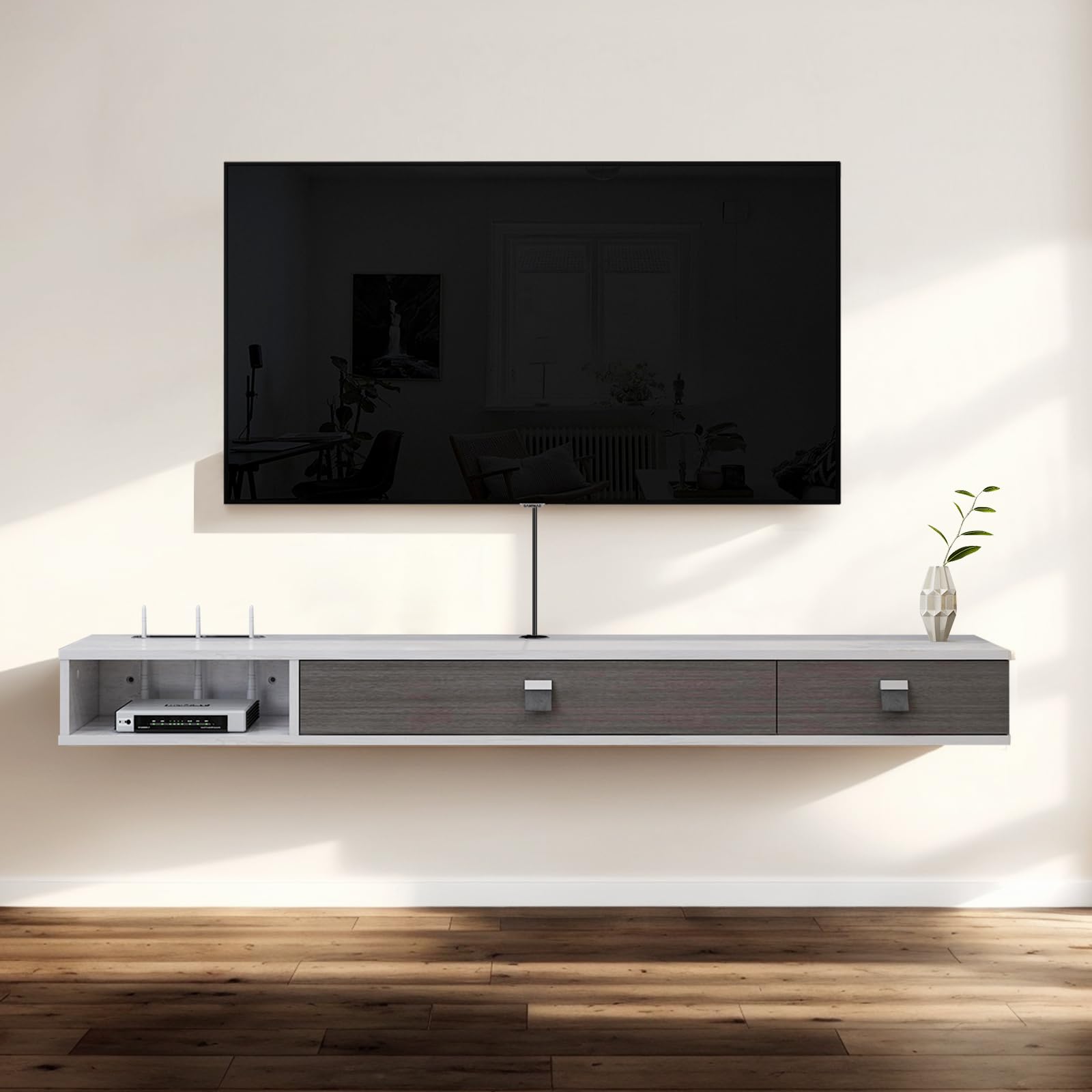 Floating TV Stand for 55-60 Inch TVs - Wall Mounted Media Console with 2 Doors, Greyish-White - Perfect for Living Room, Bedroom & Home Theater Entertainment Centers