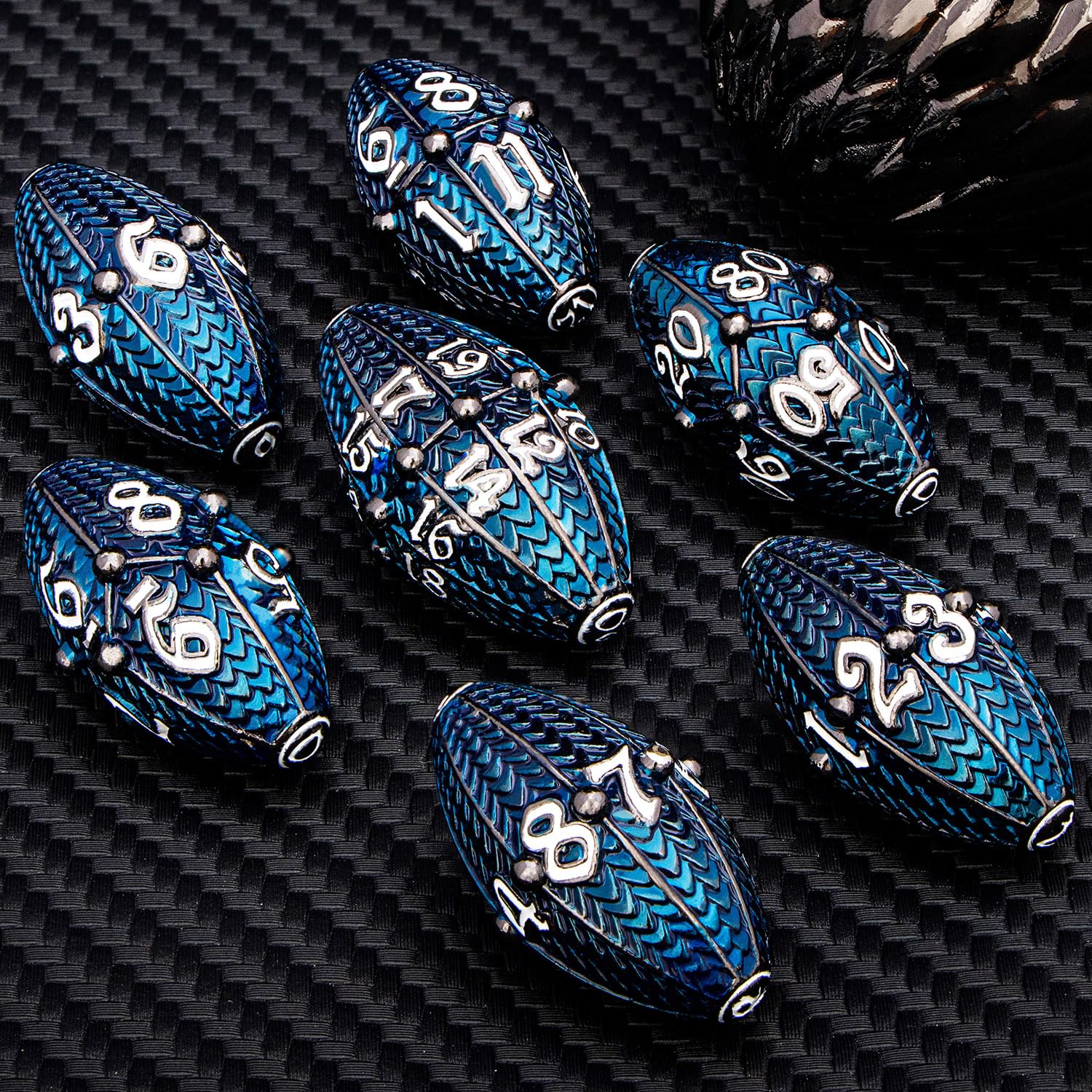 Premium ARUOHHA DND Metal Dice Set - Black & Blue Dragon Egg Design with Rotating Shell for Dungeons & Dragons RPG | Polyhedral Dice (D20, D12, D10, D8, D6, D4) | Perfect for Tabletop Gaming, D&D Campaigns & Fantasy Roleplaying