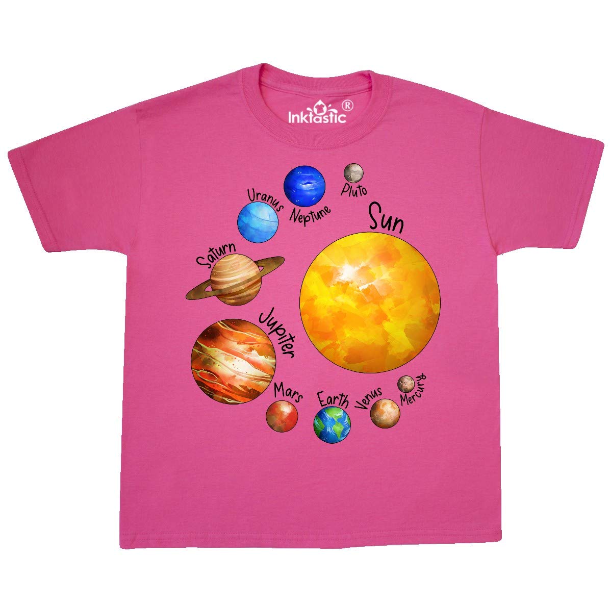 Inktastic Sun and Planets - Yes, and Pluto Youth T-Shirt | Space Theme Kids Tee | Fun Astronomy Graphic Shirt for Boys & Girls | Perfect for School, Birthday & Science Lovers