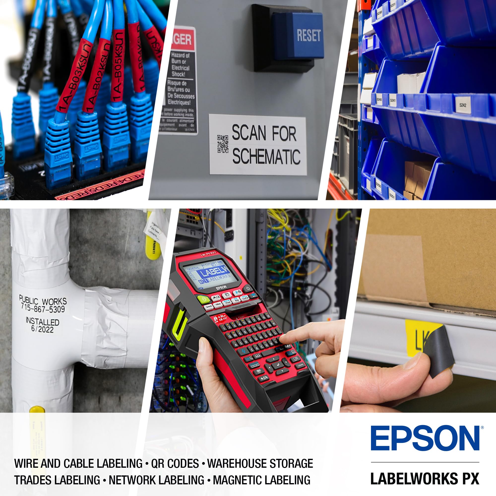 Epson LW-PX900PCD Industrial Label Maker Kit with 236SMPX, 224SMPX & 212SMPX PET Tape Cartridges - Black on Silver Matte Label Tapes for Asset Management, Warehouse & Office Organization