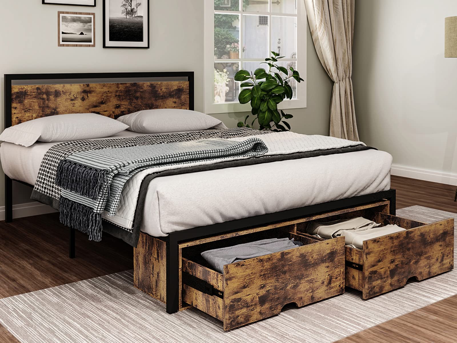 **DICTAC Full Size Storage Bed Frame with Headboard - Industrial Metal Platform Bed with 2 Front Drawers, Mattress Foundation & Slat Support (No Box Spring Needed) - Rustic Brown - Perfect for Small Bedrooms, Apartments & Dorm Rooms**