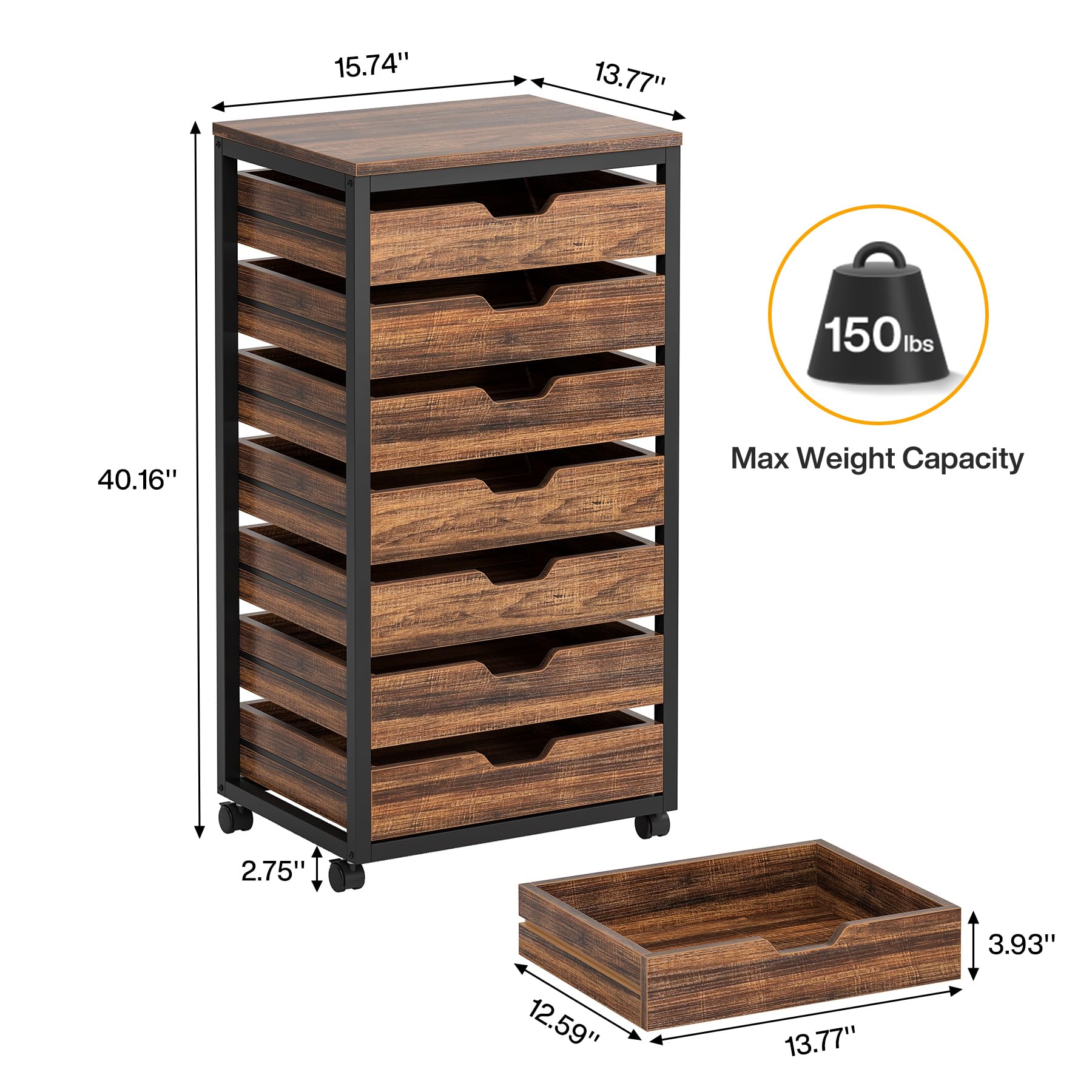 Tribesigns 7-Drawer Wooden File Cabinet with Wheels - Mobile Storage Drawer Unit for Office & Home, Industrial Rolling Printer Stand, Rustic Brown - Perfect for Home Office Organization & Document Storage