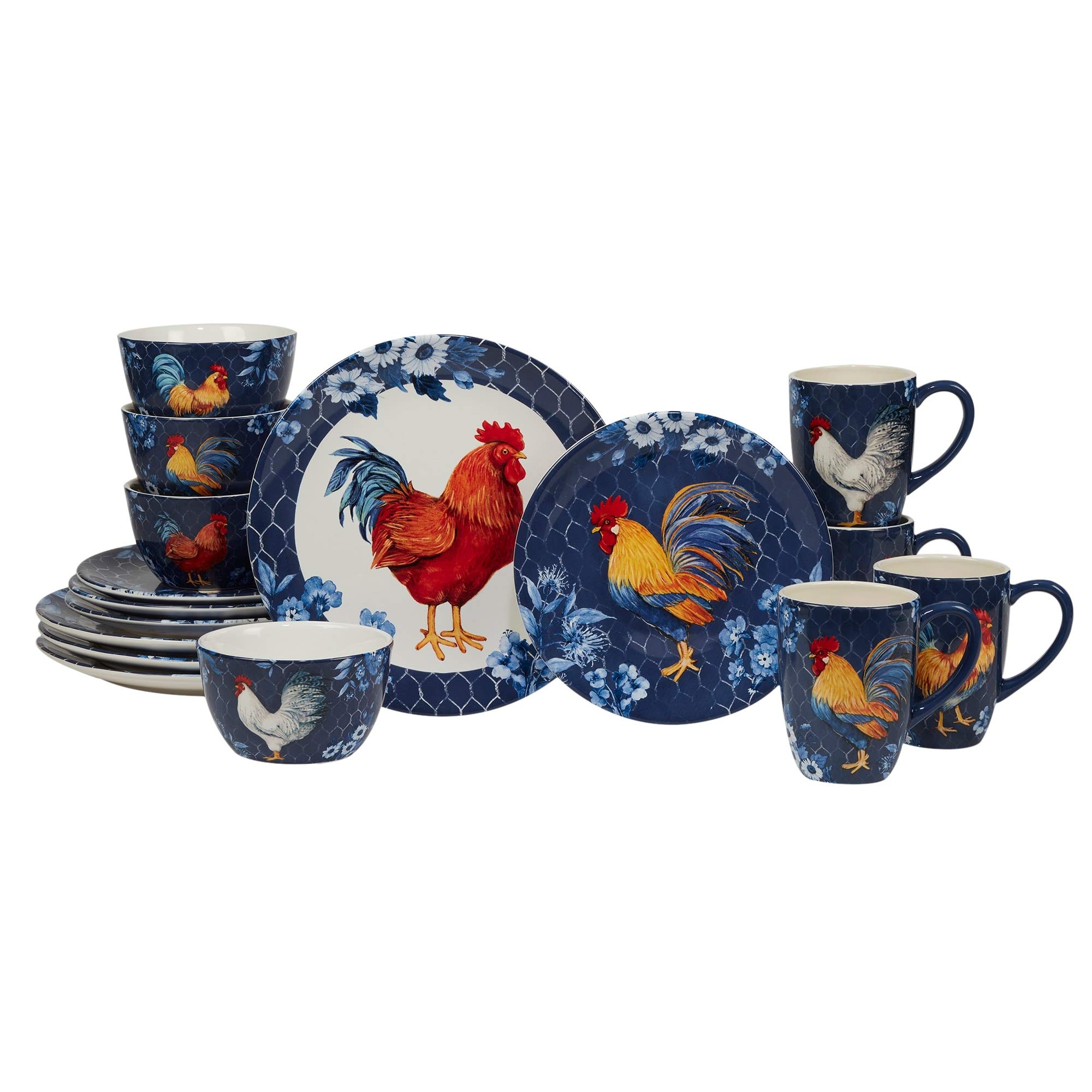 16-Piece Farmhouse Dinnerware Set for 4 - Indigo Rooster Design in Blue, Red & Multi-Color | Dishwasher & Microwave Safe | Perfect for Country Dining, Family Gatherings & Everyday Meals