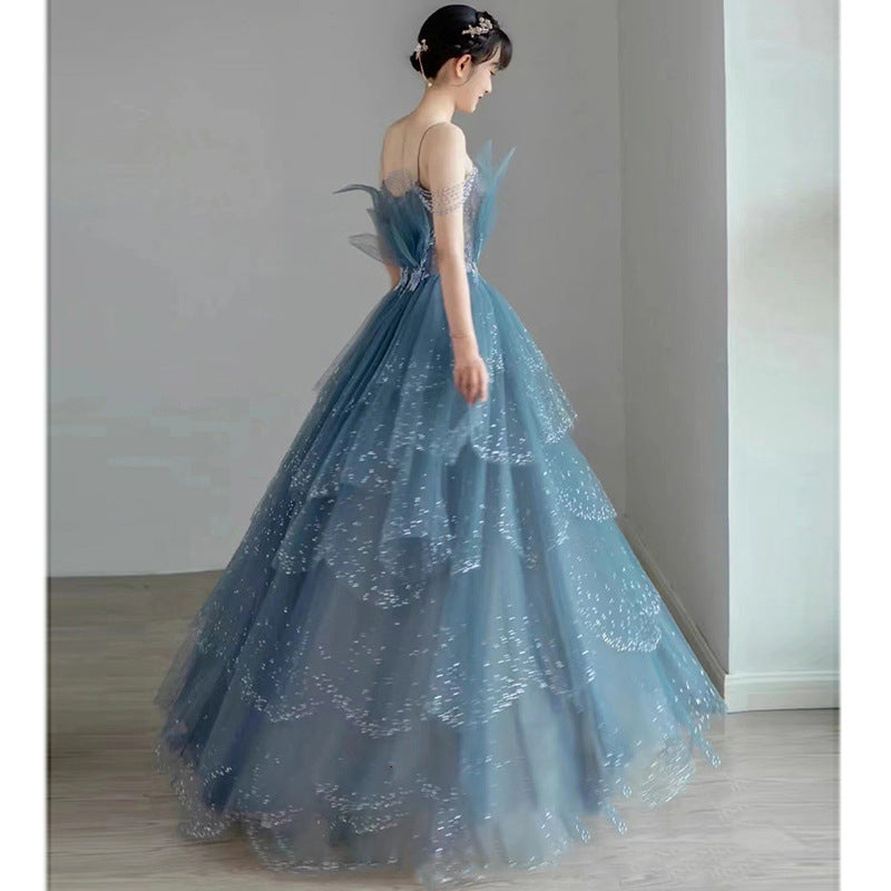 Elegant Blue Tulle Sequins Long Prom Dress - Sparkly Evening Gown for Homecoming, Ball & Formal Events | Perfect for Prom Night, Wedding Guest & Special Occasions