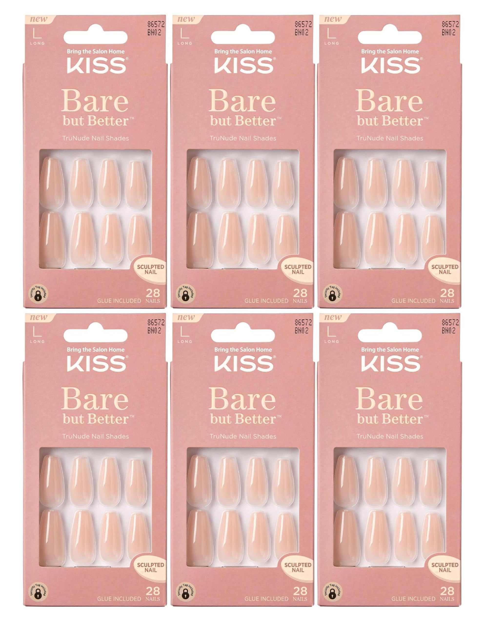 KISS Bare But Better TruNude Fake Nails - 28 Natural Nude Shades Manicure Set | Chip Proof & Smudge Proof Glue-On Artificial Nails (Pack of 6) | Perfect for Everyday Wear, Weddings, Parties & Special Occasions