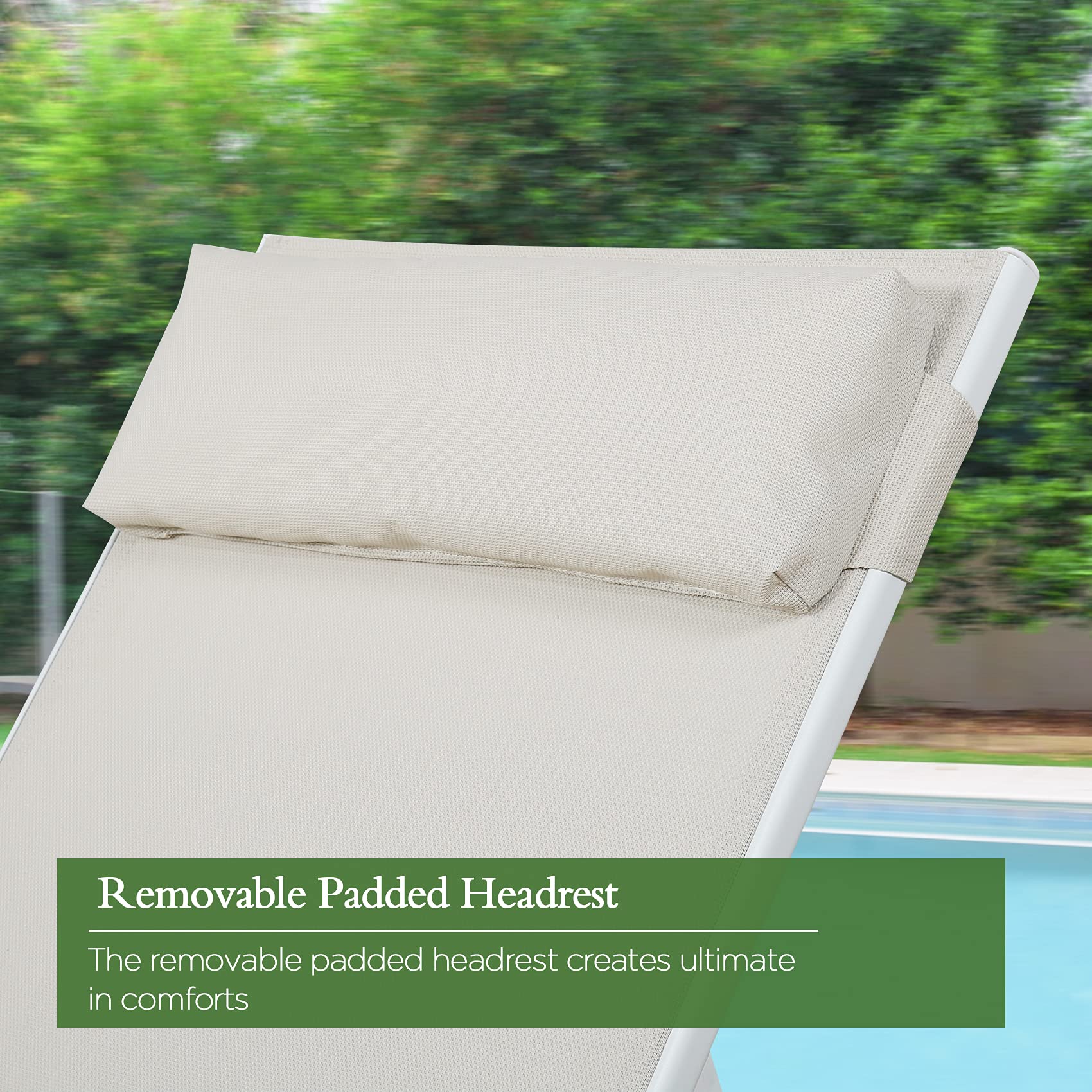 Ulax Adjustable Outdoor Chaise Lounge Chair - Patio Reclining Sun Lounger with Removable Headrest, Weather-Resistant Beige - Perfect for Poolside, Beach, Backyard Relaxation & Sunbathing
