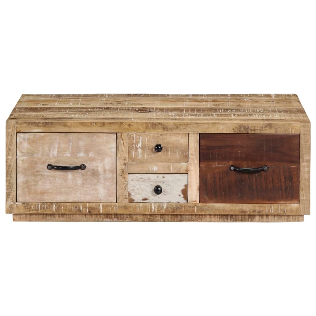Handmade Solid Mango Wood Coffee Table with 4 Drawers - Farmhouse Style Living Room Furniture - Rustic Brown Sofa Table for Home Decor & Entertaining