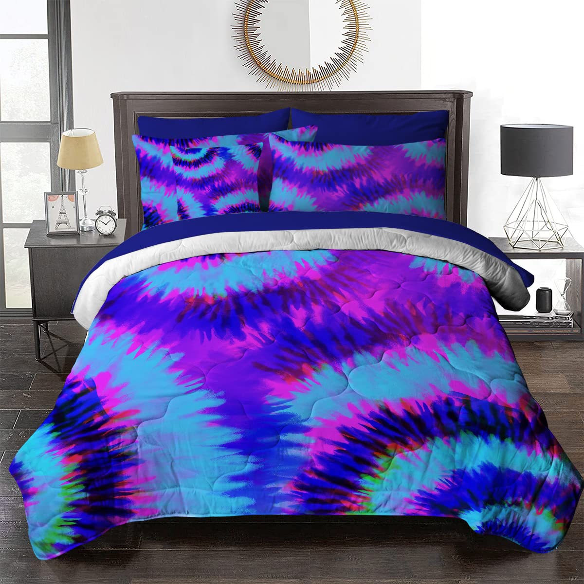 BlessLiving Artsy Girly Comforter Set - 8 Piece Tie Dye Bed in a Bag | Purple Pink Blue Boho Bedding Set King Size (Comforter, Sheets, Pillowcases, Shams & Cushion Cover) | Perfect for Teen Girls' Bedroom, Dorm Room & Bohemian Home Decor