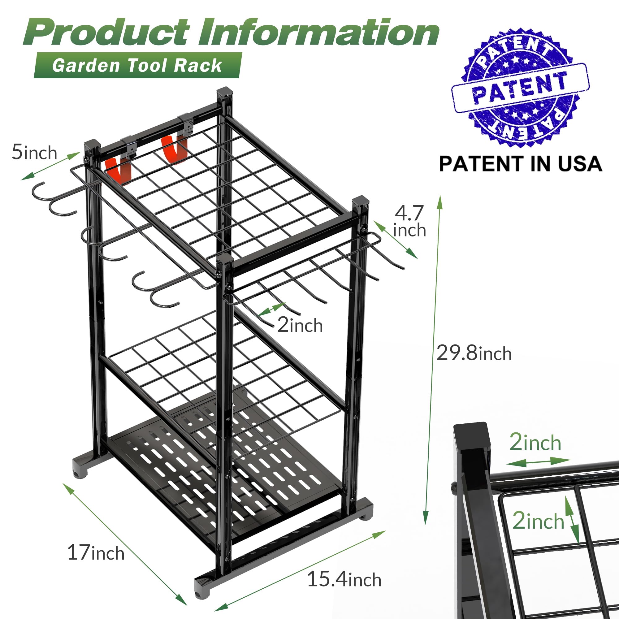 Heavy Duty Steel Garden Tool Organizer with Storage Hooks - Yard Tool Tower Rack for Garage, Shed & Outdoor Organization - Holds Up to 50 Tools - Perfect for Gardening, Landscaping & Home Storage (Black)
