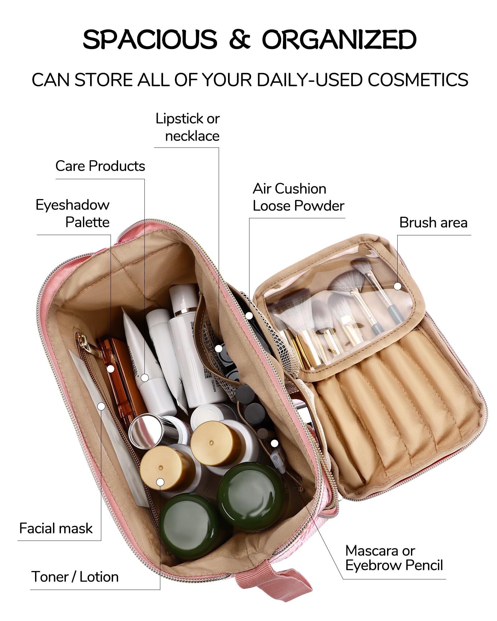 BOOMRICH Waterproof Leather Travel Makeup Bag - Large Wide-Open Cosmetic Organizer Pouch with Brush Holder, Portable Toiletry Case for Women (Pink) | Perfect for Vacation, Gym, Business Trips & Daily Essentials Storage