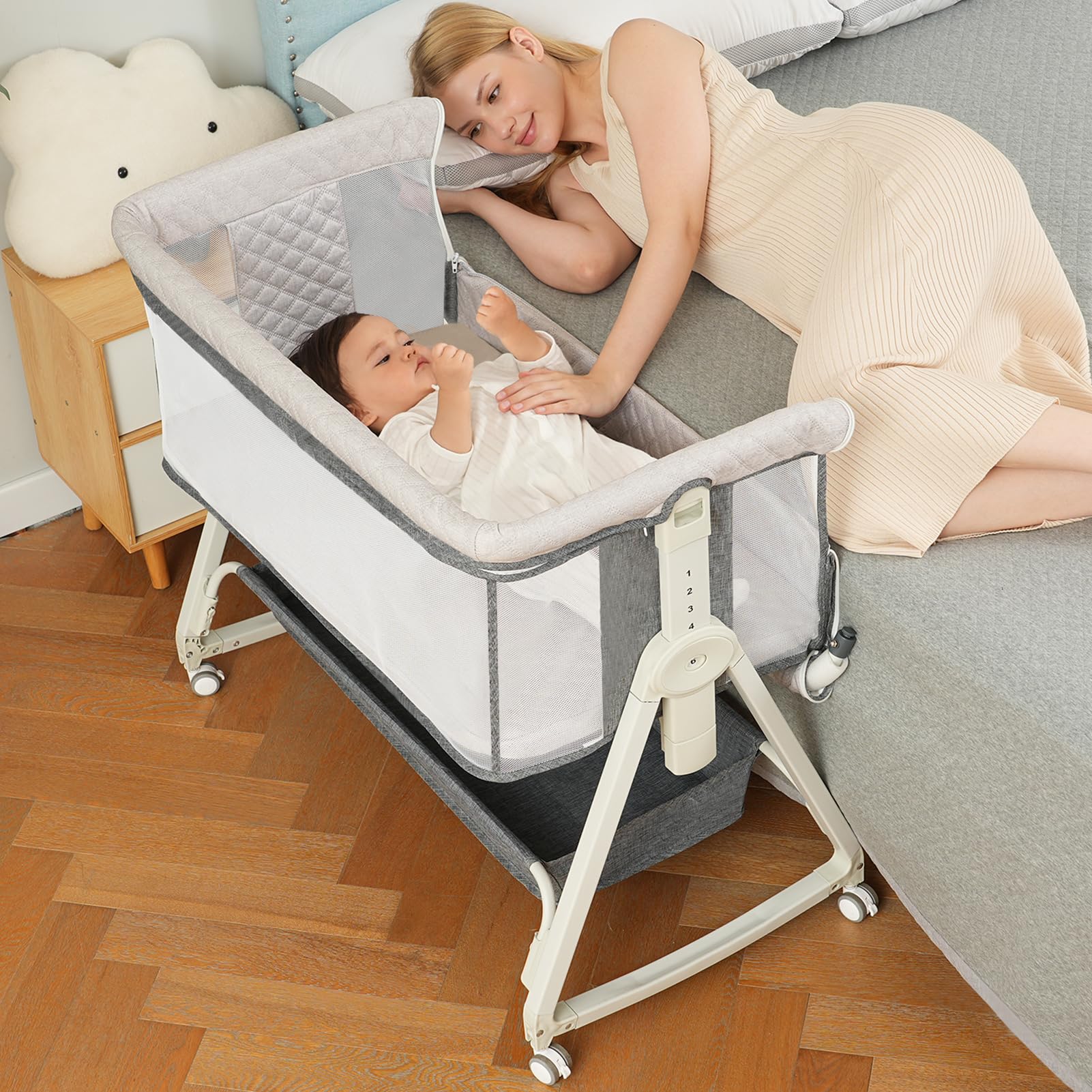 Portable Baby Bassinet Bedside Sleeper with Wheels & Storage Basket - 6 Height Adjustable, Breathable Mesh, Easy Assembly Crib for Newborns & Infants (Grey) | Perfect for Nursery, Bedroom & Travel Use
