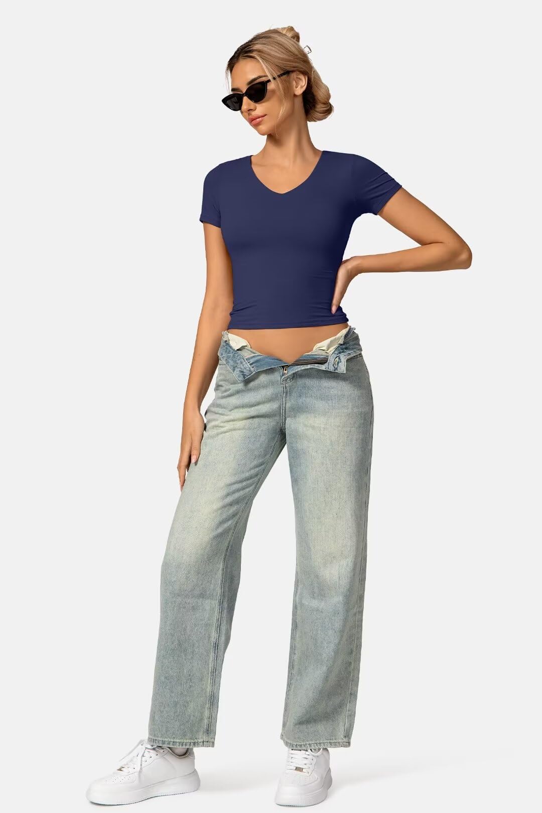 Vertvie Women's Sexy V Neck Double Lined Tops - Short Sleeve Slim Fitted T-Shirts for Women | Y2K Tight Basic Tees | Going Out Crop Tops for Clubbing, Dates & Summer Outfits