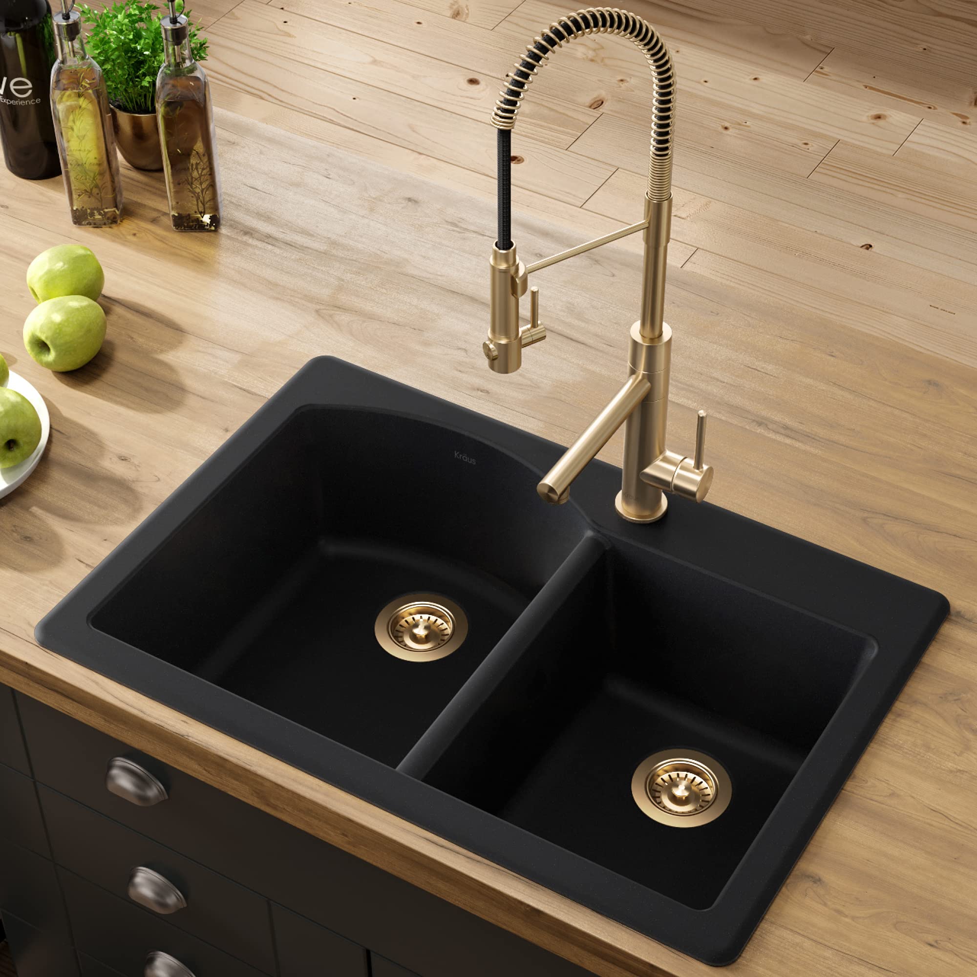 KRAUS Forteza™ 33-Inch Black Granite Dual Mount 60/40 Double Bowl Kitchen Sink with WasteGuard™ Continuous Feed Garbage Disposal (KGD-50BL-100-75MB) - Perfect for Modern Kitchens, Dishwashing, and Food Prep