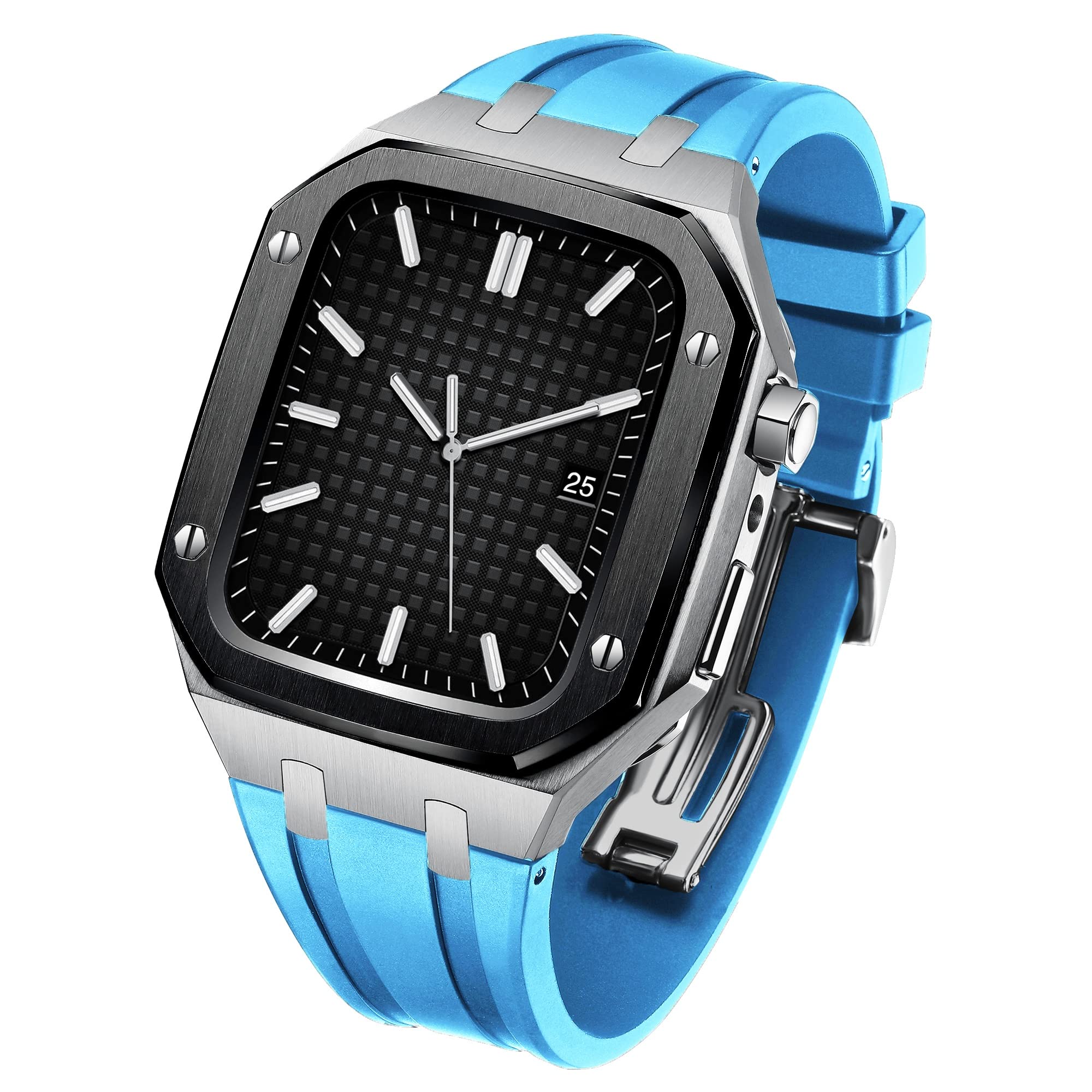 Premium SHUYAO Rubber Watch Band with Stainless Steel Case for Apple Watch Series 7 45mm - Durable Luxury Replacement Strap for Men & Women - Perfect for Workouts, Outdoor Activities & Everyday Wear